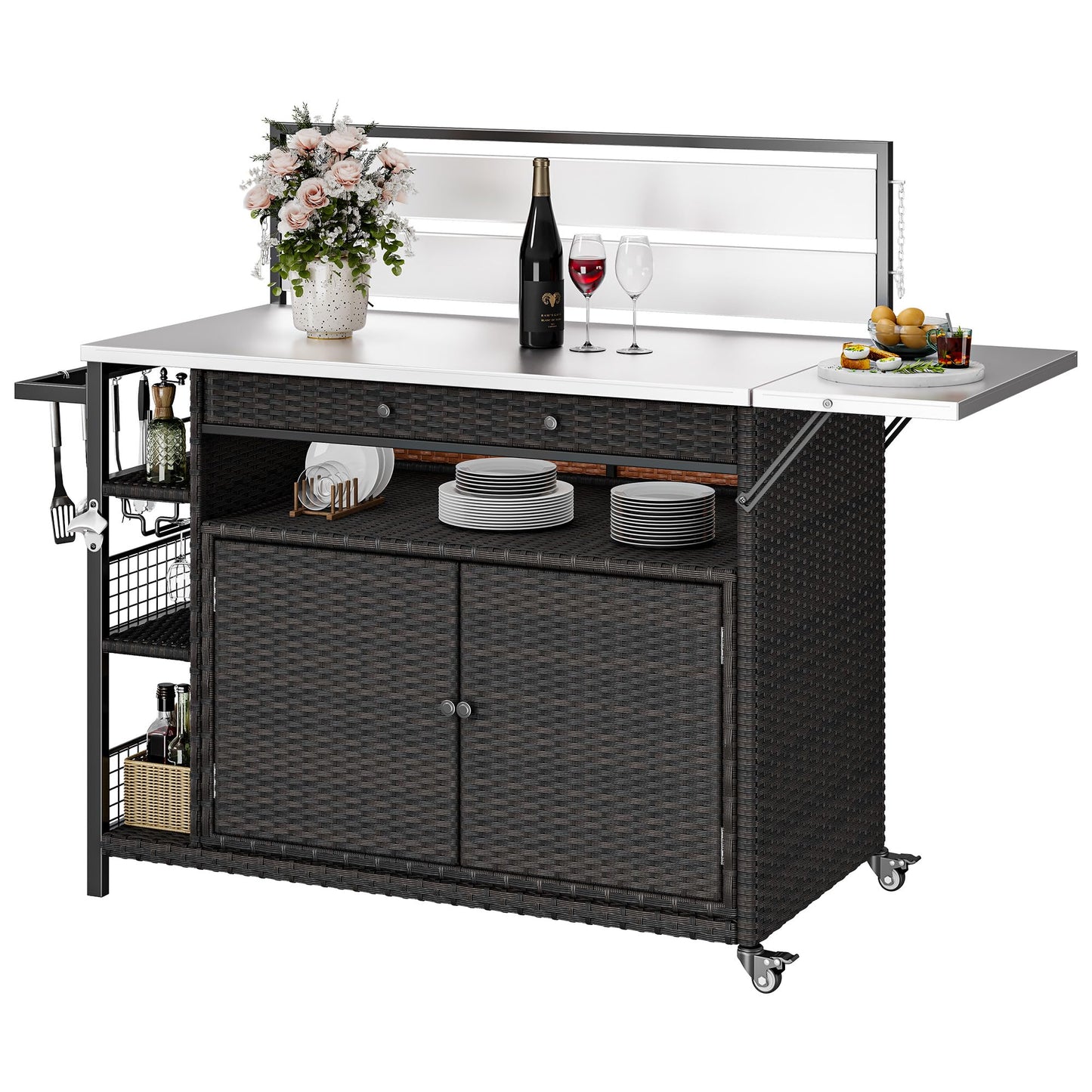 DWVO XL Outdoor Bar Table & Storage Cabinet, Wheels and Stainless Steel Extended Table Top, Patio Bar Table with Side Handle for Patio Kitchen or Bar Cart, Dark Brown