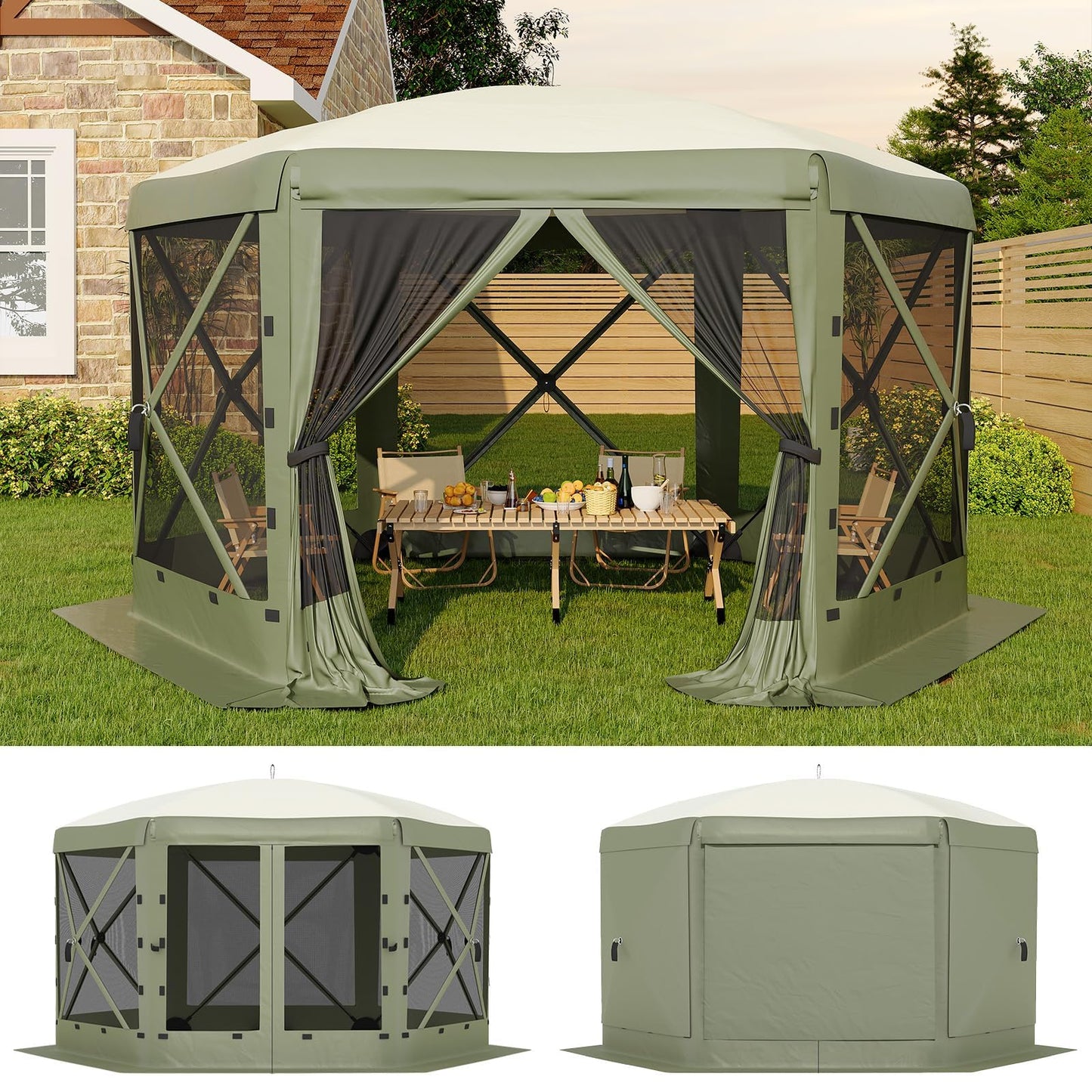 MilleLoom 11.5x11.5FT 6-Sided Gazebo Tent, One-Push Setup Canopy with Mesh Panels & Removable Wind Cloths, Outdoor Shelter for Backyard Parties Camping Events, Army Green