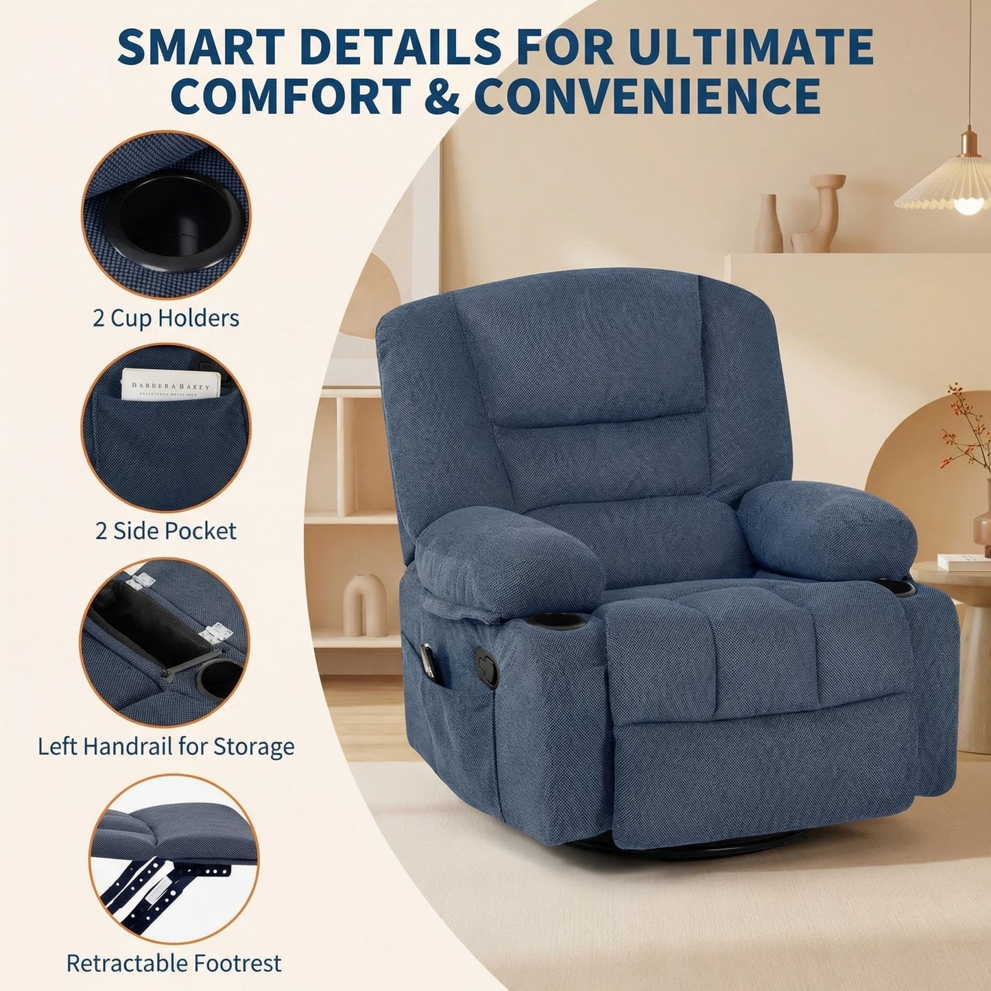 Oversized Wide Recliner Chair with Vibration Massage and Heat, 360° Swivel Recliner Glider for Adults,Chenille Fabric Manual Reclining Single Sofa with Cup Holders & Side Pockets for Living Room,Blue