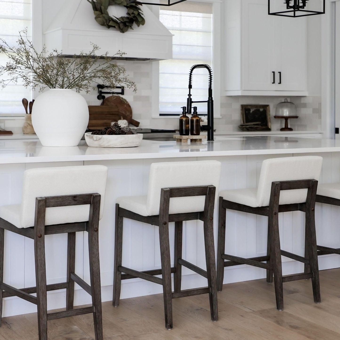 Nathan James Gracie Modern Counter Height Bar Stool with Back, Counter Stool Upholstered Chair with Natural Textured Linen and Brushed Wooden Legs, Cream Boucle/Dark Brown