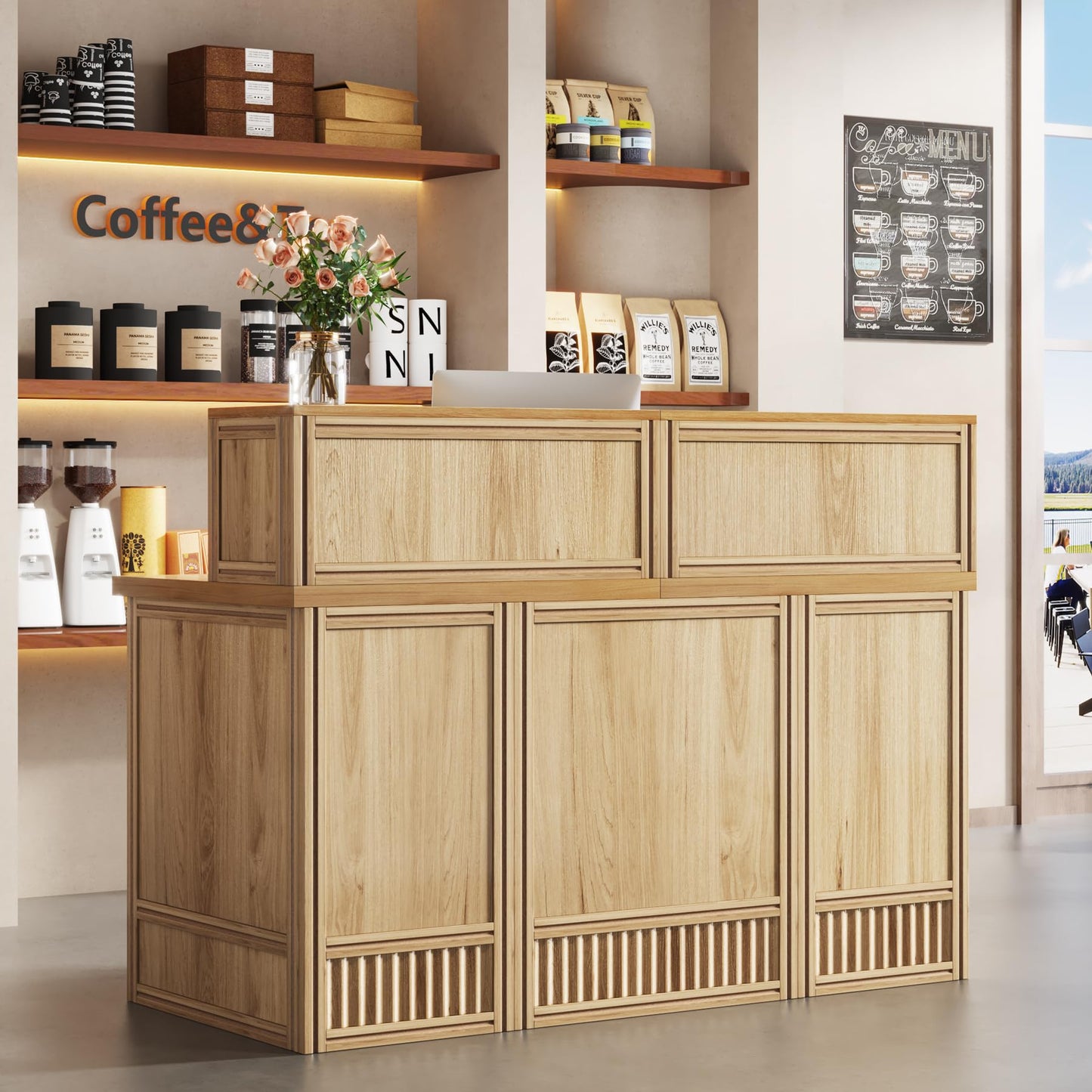 Tribesigns 57-inch Reception Desk with Counter, Front Receptionist Table, Boho Welcome Desk Checkout Counter for Office, Retail, Lobby, Beauty Salon (Oak)
