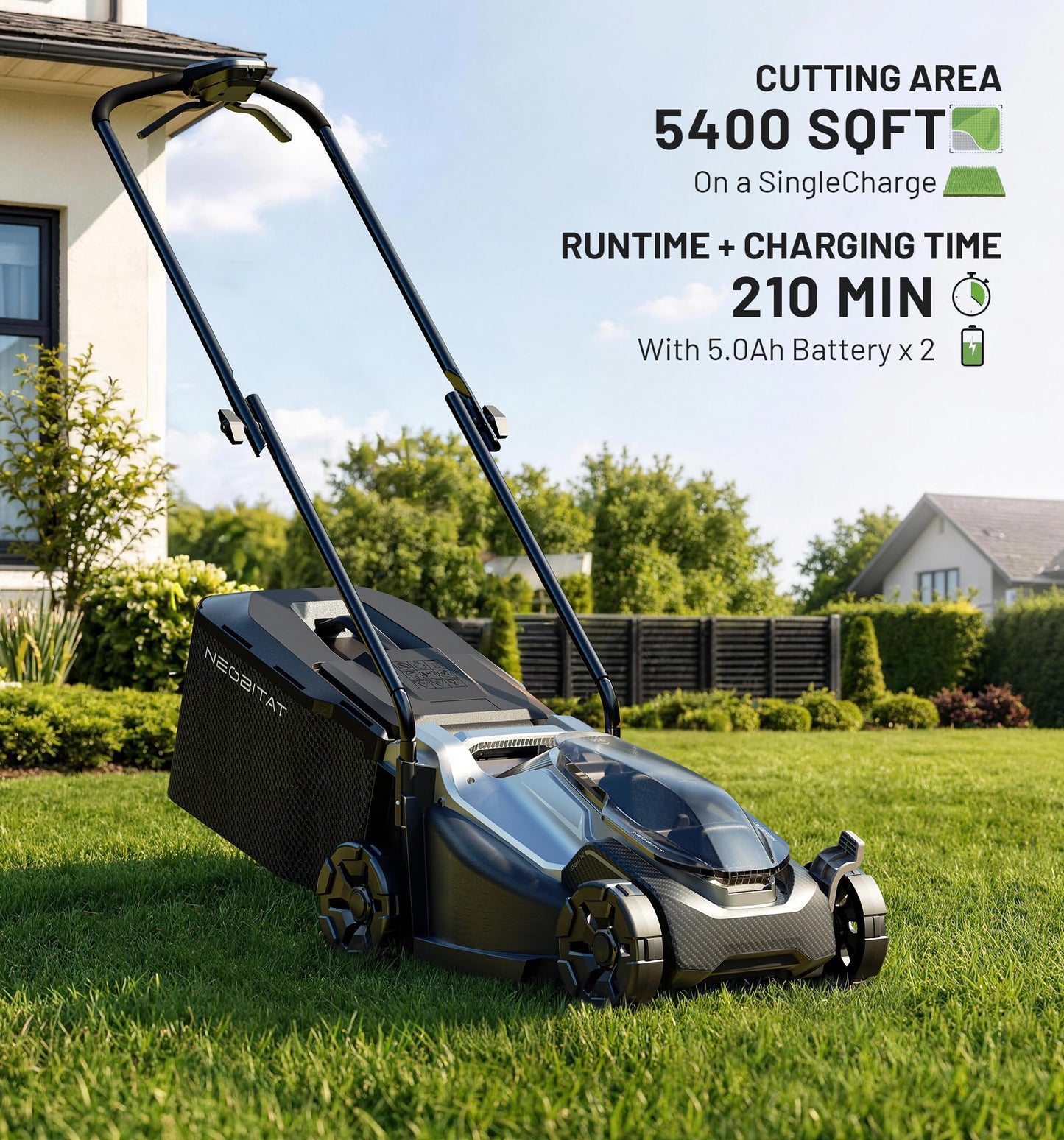 Neobitat 40V 14" Cordless Lawn Mower, Electric Lawn Mower with 2 x 5.0Ah Batteries & Charger, 2-in-1 Mulching & Bagging, 5-Position Height Push Mower for Small Yards