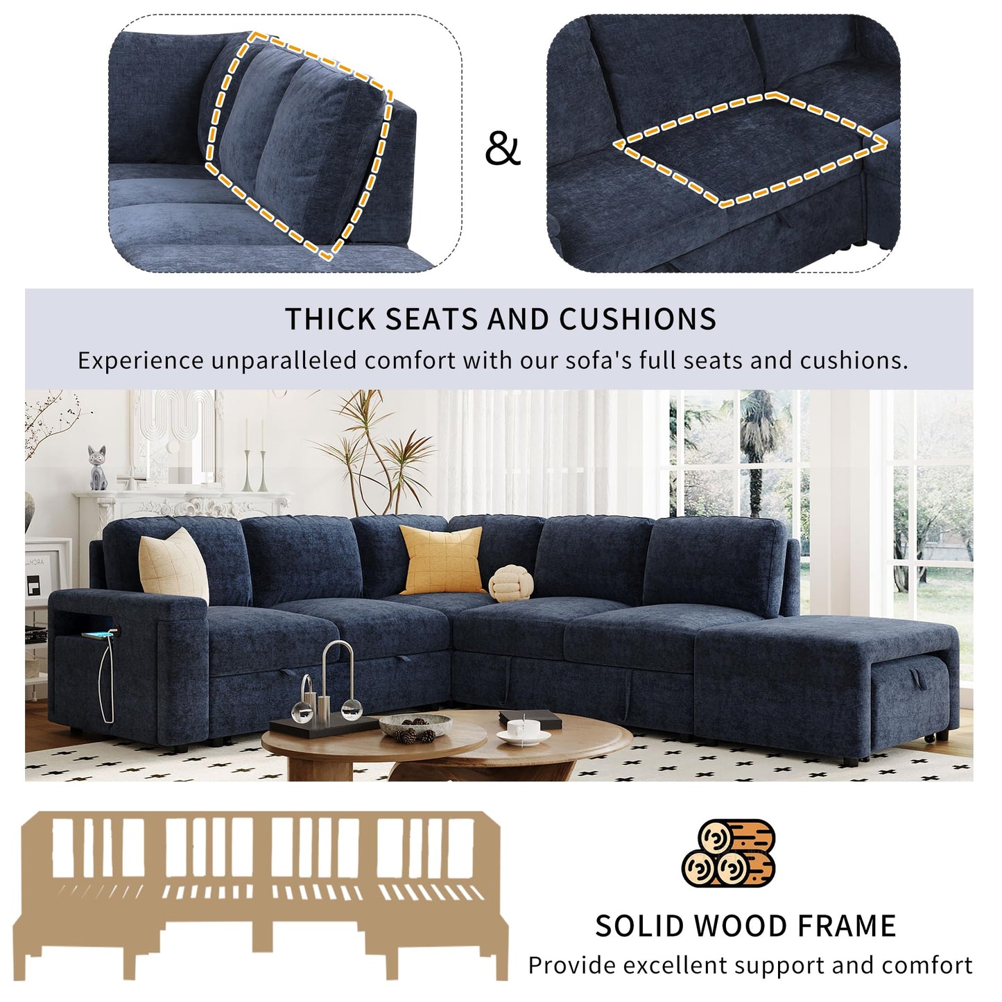 Merax L-Shaped Modular Sectional Sofa with Removable Storage Ottoman, USB Ports and Cup Holder, 6-Seats Upholstered Couch & Armrest, Free Combination Indoor Furniture for Living Room, Apartments, Blue