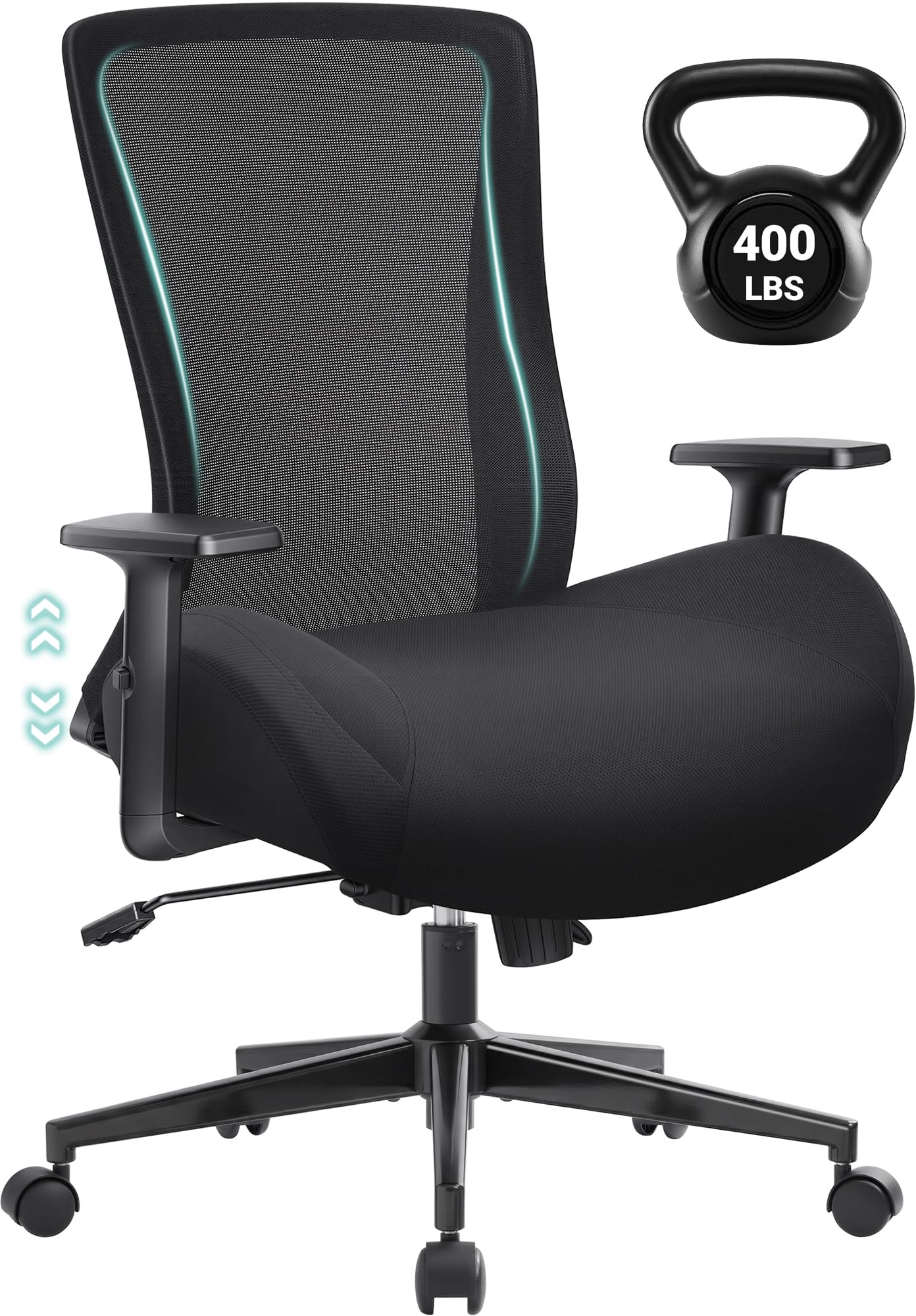 Big and Tall Home Office Desk Chair 400lb Capacity for Heavy People, Ergonomic Wide Mesh Desk Chair with Stepless Recline & Lock, 5.5" Thick Cushion, High Back, Adjustable Height & Armrests