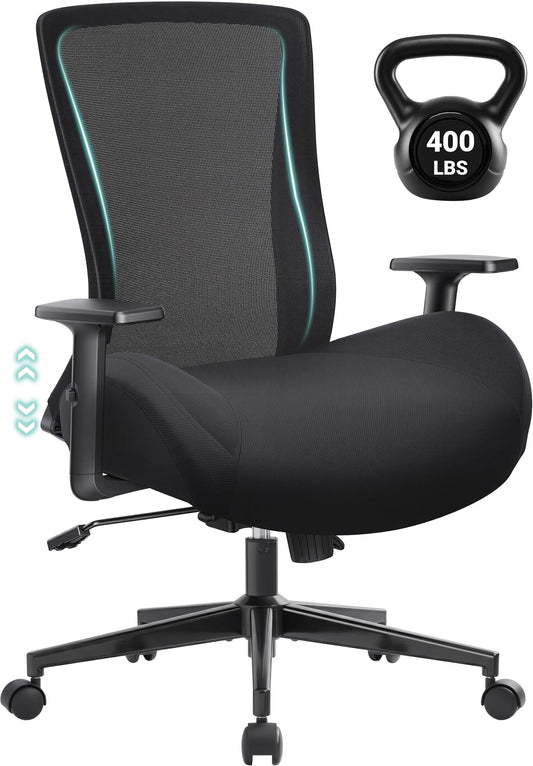 Big and Tall Home Office Desk Chair 400lb Capacity for Heavy People, Ergonomic Wide Mesh Desk Chair with Stepless Recline & Lock, 5.5" Thick Cushion, High Back, Adjustable Height & Armrests
