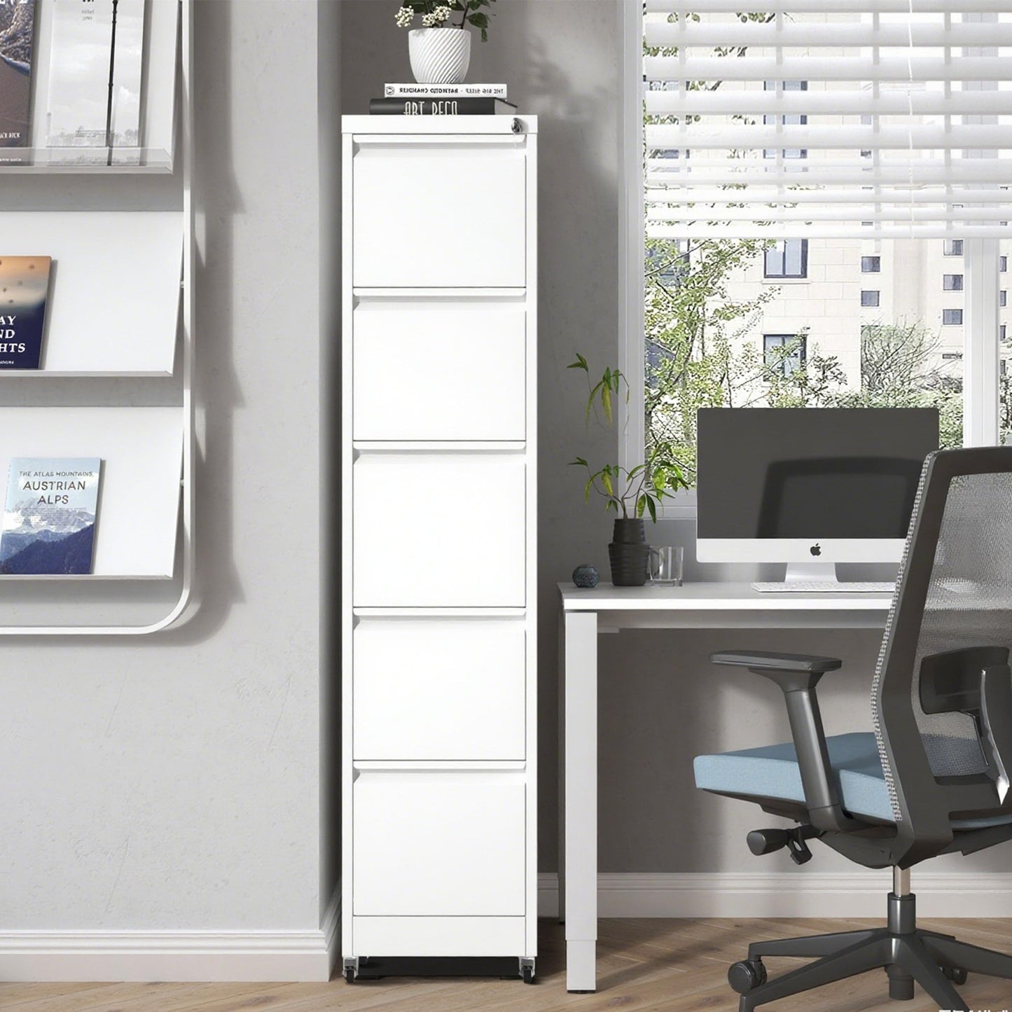 FOSTOKO 5 Drawers Filing Cabient with Wheel, File Cabinet with Lock, Steel Vertical Filing Storage Cabinet for Office, Heavy-Duty File Cabinets for Letters/Legal/A4 (Require Assembly, White)