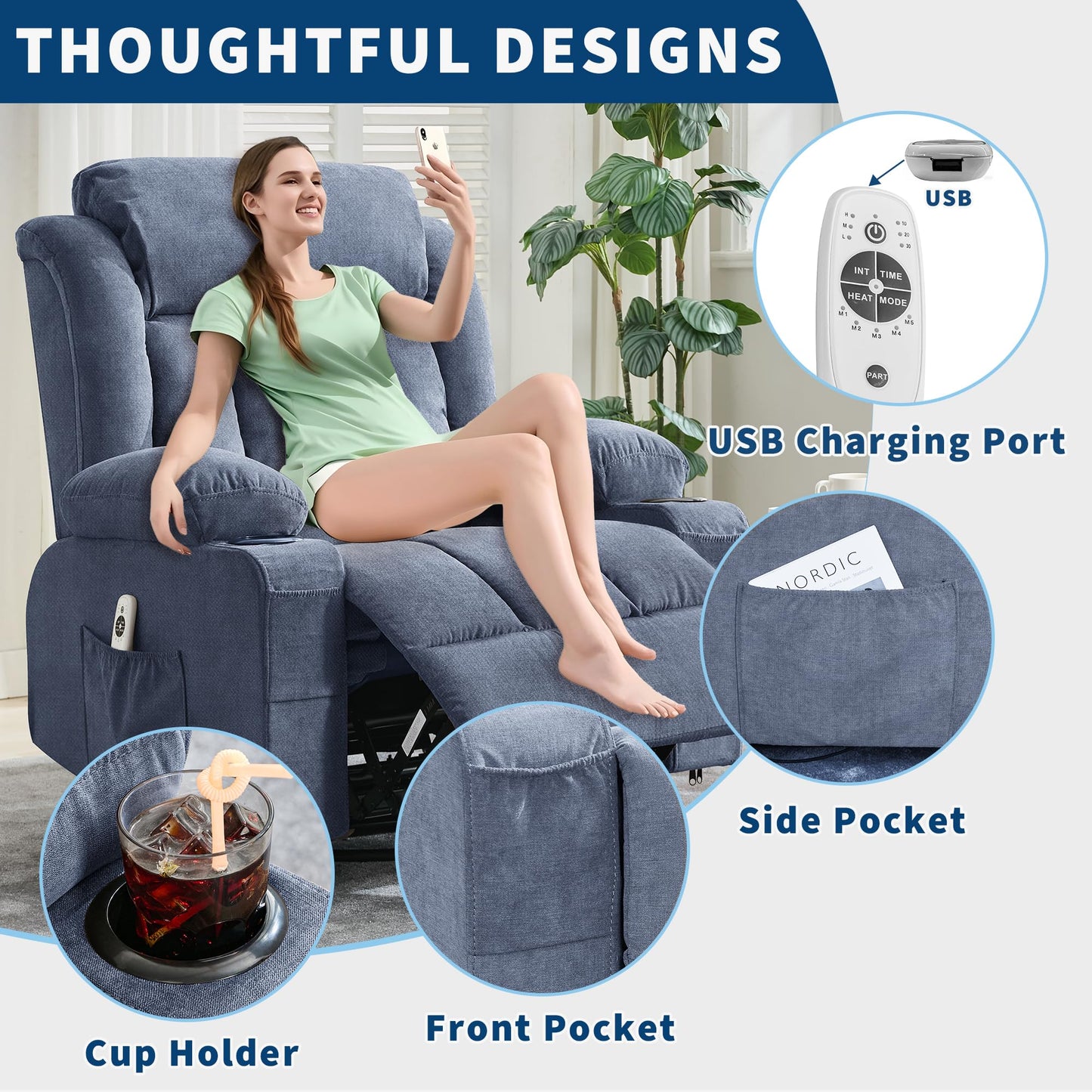 PeacefulHues Large Recliner Chair with Massage & Heat, Comfy Sofa Chair with 3 Positions, Side & Front Pockets, 2 Cup Holders for Living Room, Bedroom, Office, Lounge Area, Gray