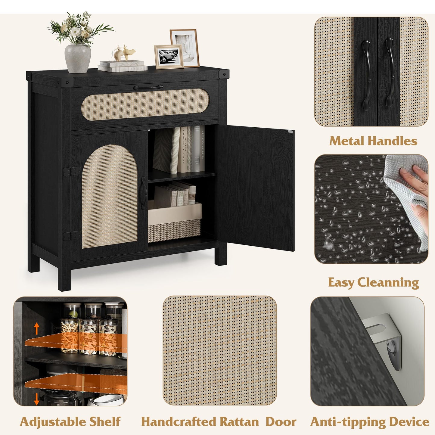 Garvee 29.9 in Small Rattan Buffet Cabinet with Storage, Kitchen Coffee Bar Cabinet with Doors and Drawer, Boho Farmhouse Sideboard with Adjustable Shelves and Handle for Living Room, Black
