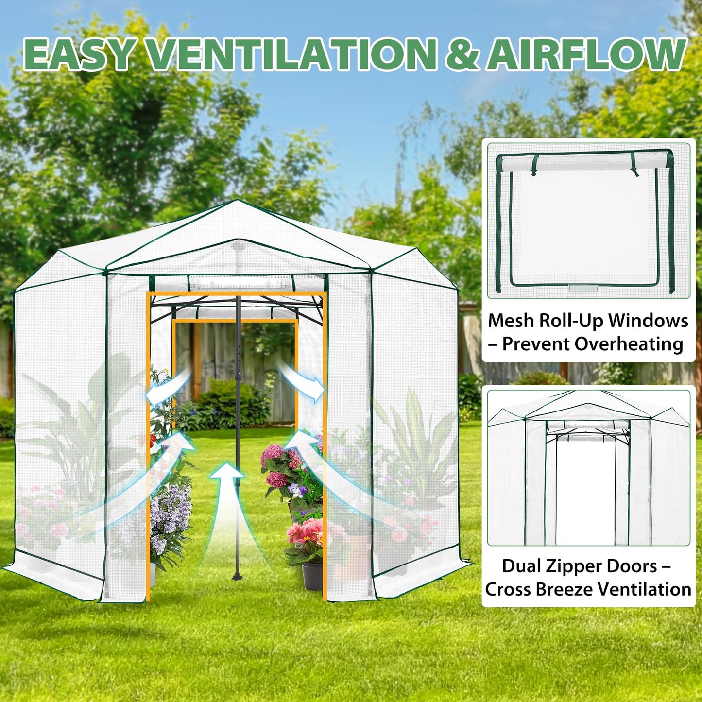 EAGLE PEAK 8.5x8.5 Portable Walk in Greenhouse, Pop Up Indoor Outdoor Greenhouse, Green House Kit with Zippered Roll-Up Doors and Windows, Hexagon Design, PE Cover, Clear/White