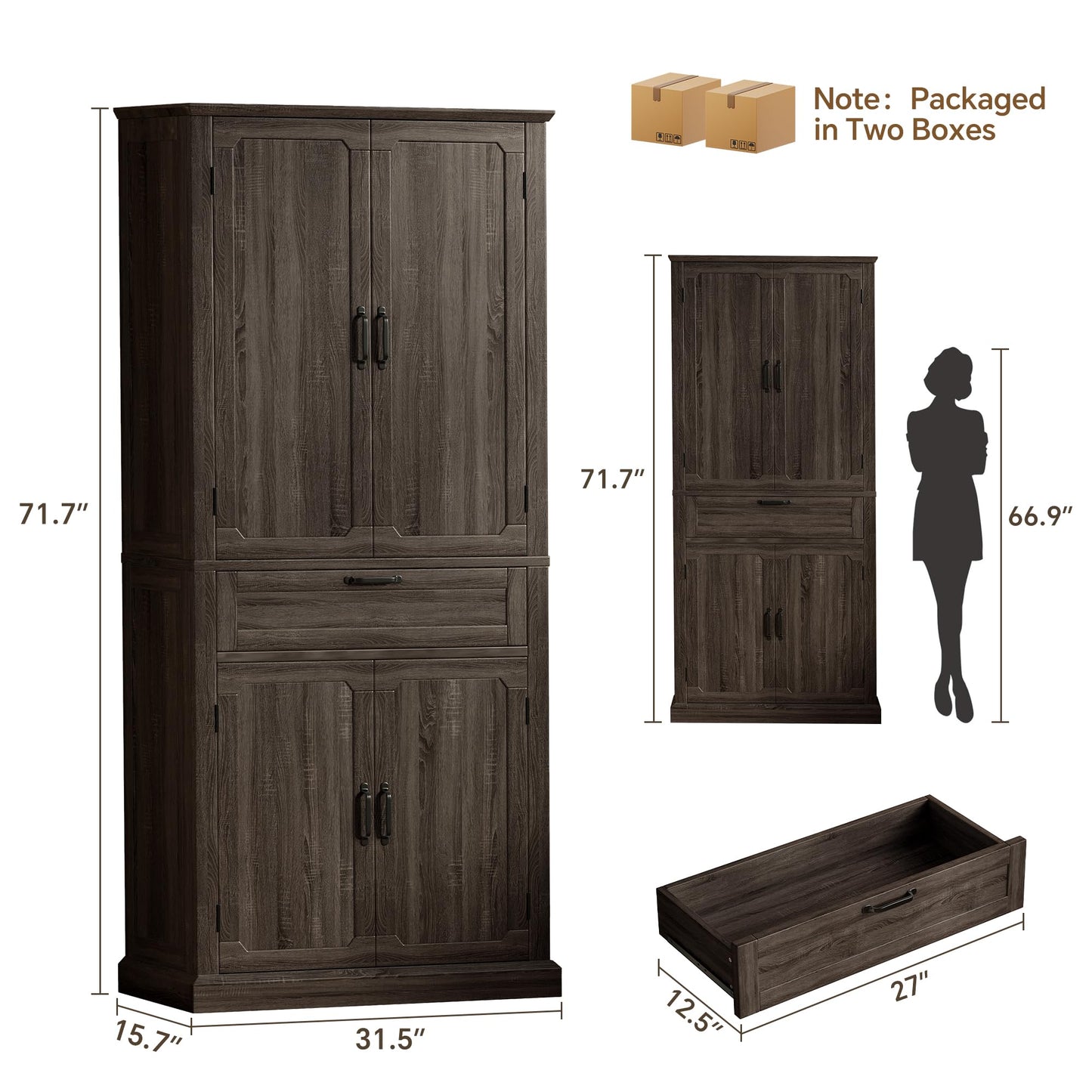 Ball & Cast Farmhouse Kitchen Pantry Cabinet, Brown, 71 Inch