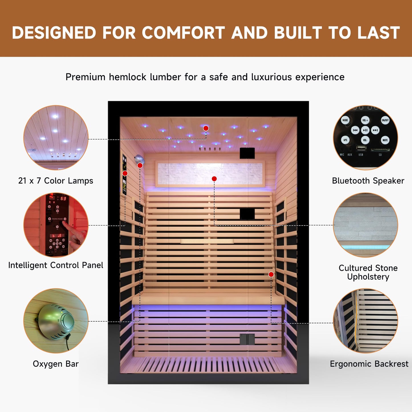 HOSAUNA Sauna 2 Person Far Infrared Sauna Home Canadian Hemlock Indoor 2160W Low-EMF Dry Saunas with Oxygen Bar, 21 Full Stars in 7 Color Remedies, Control Panel, Speakers (53.1 * 47.2 * 74.8 in)