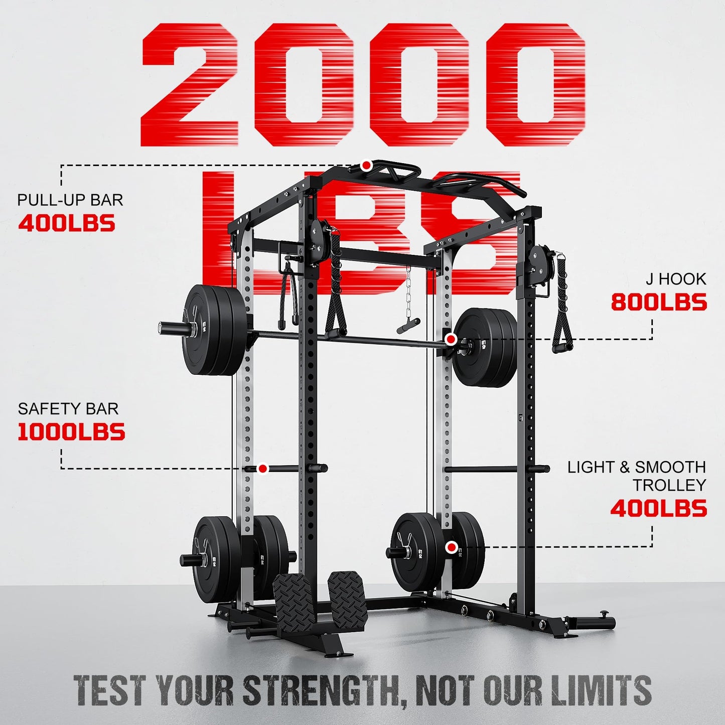 GOIMU DP01 Power Cage, 2000LBS Squat Rack with Cable Crossover and Dual Independent Pulley System, Full Cage for Full Body Training, Power Rack with More Training Attachments for Home Gym(Black)