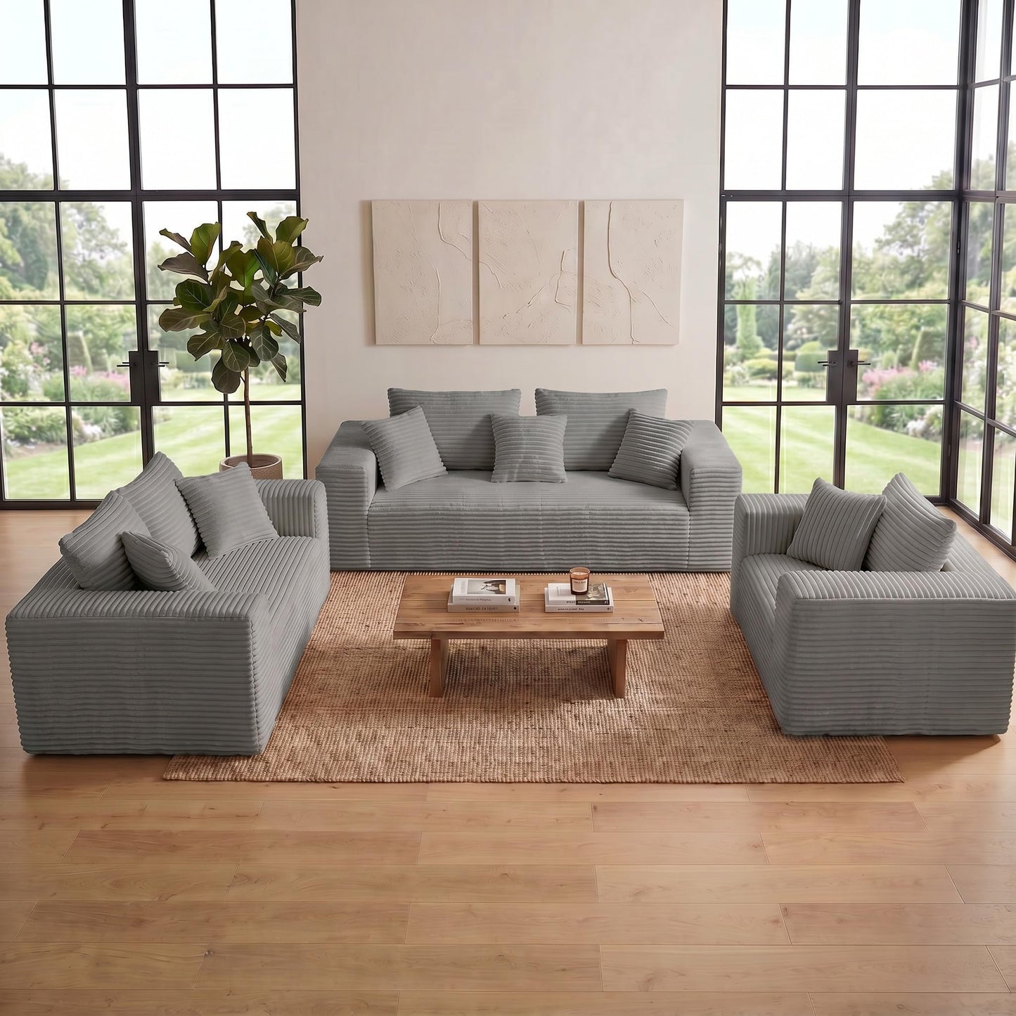 Trygoal 3-Pieces Sectional Boneless Couch Set for Living Room, Oversized Couch Including 3-Seater & 2-Seater & Single Chair, Deep Seat Sofa Set with Armrests & Pillows,No Assembly Required, Light Gray