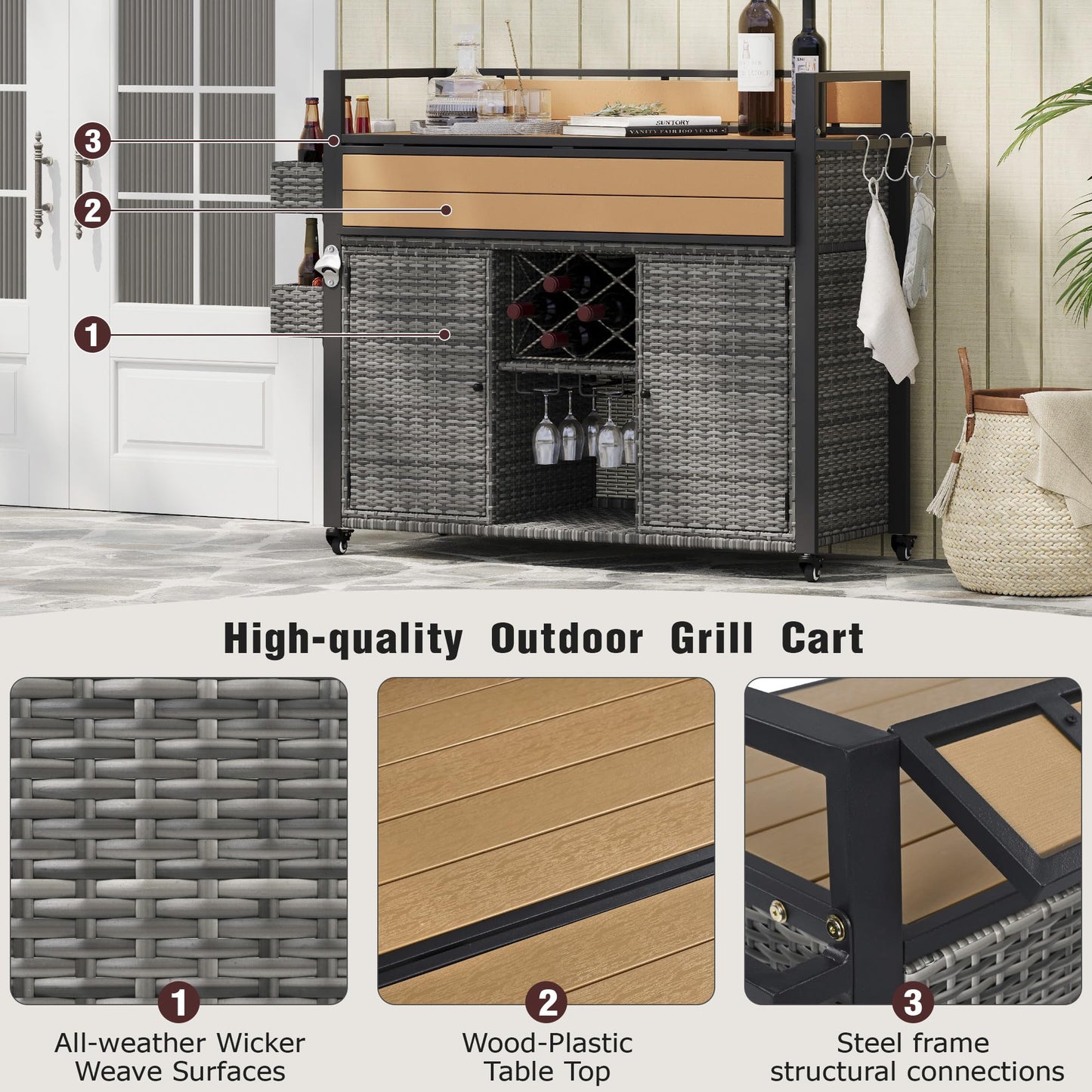 YOPTO 52.8" W Wicker Outdoor Grill Cart with Extended Poly-Wood Table Top - Drop Leaf Design,7 Shelves & Wine Rack,Rolling Kitchen Island on Lockable Wheels,for Patio,Backyard,Poolside & Garden,Grey