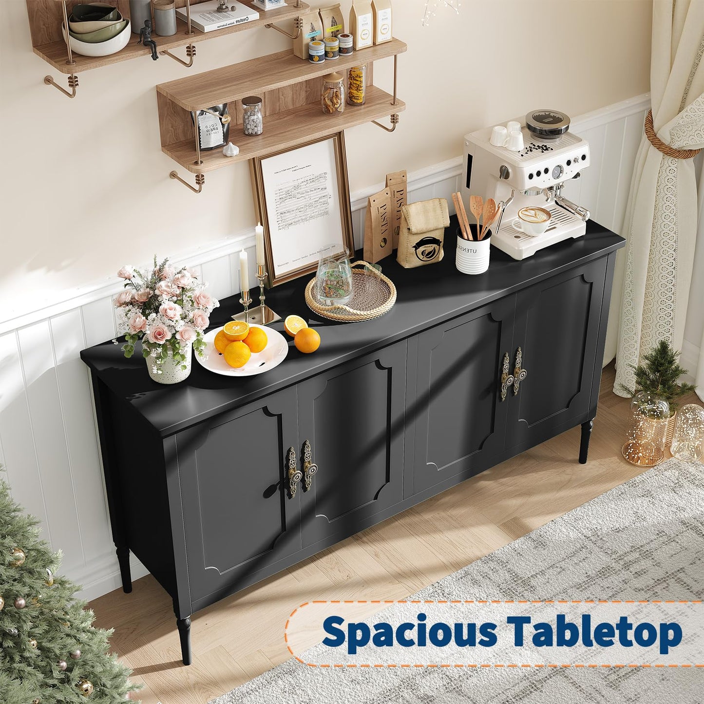 MilleLoom 59" W Buffet Cabinet with Storage, Kitchen Storage Cabinet Wood Console Table Coffee Bar Accent Cabinets for Living Room Dining Room Entryway, Black