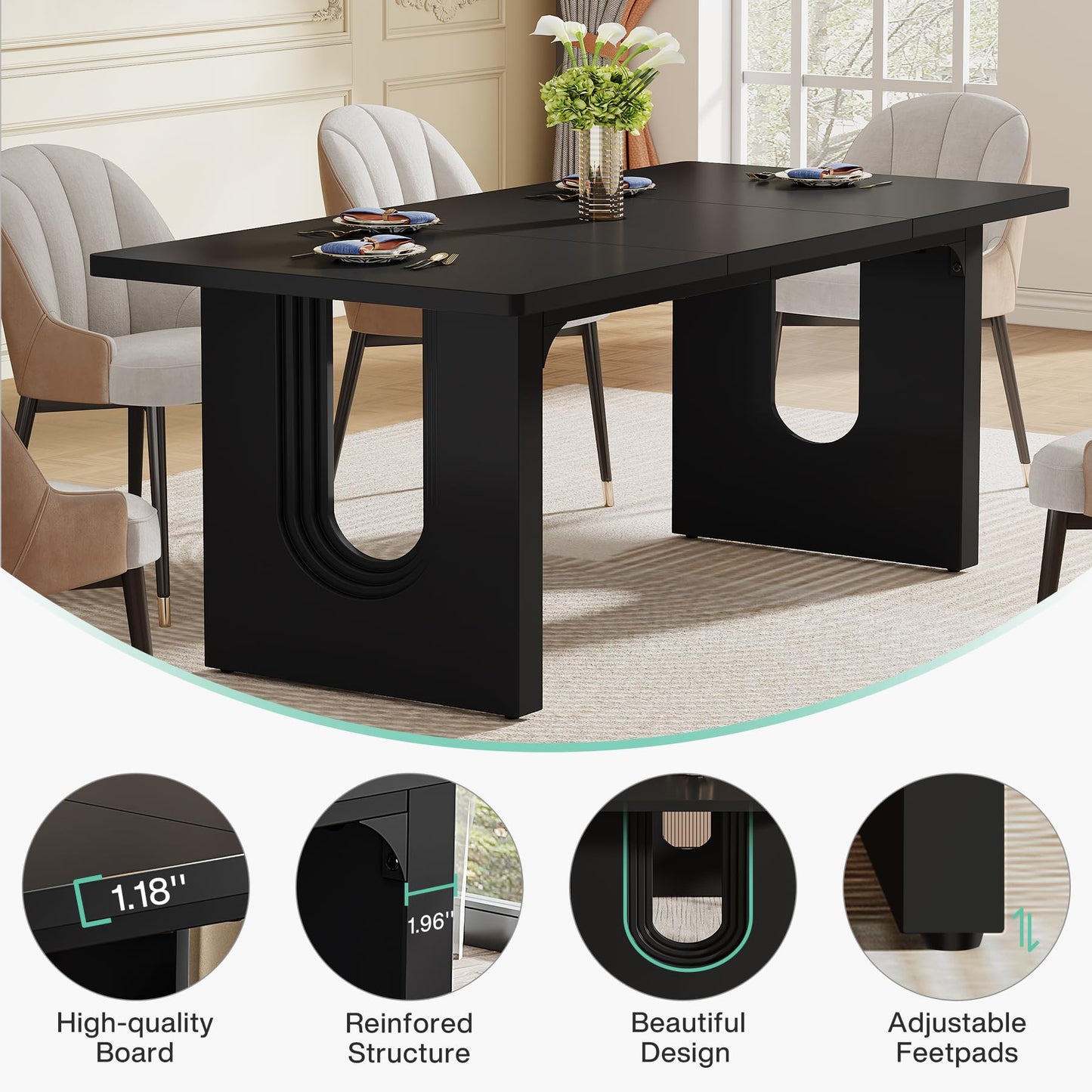Tribesigns Modern Dining Table for 6 People, 71" Large Kitchen Dining Table with Wood Pedestal Base, Rectangular Long Dinner Table for Kitchen, Dining Room, Living Room, Black