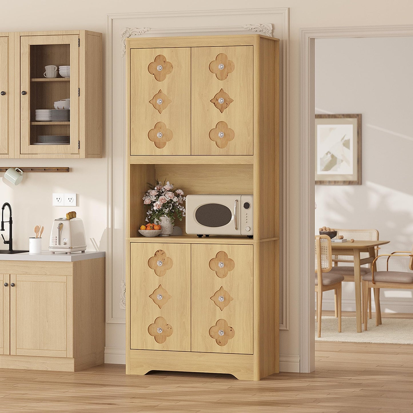 IDEALHOUSE Mid Century Modern Kitchen Pantry Cabinet, 72" Tall Storage Cabinet with Microwave Shelf, Wooden Freestand Cupboard with Carved Flower Door & Crystal Handle, for Dining Room