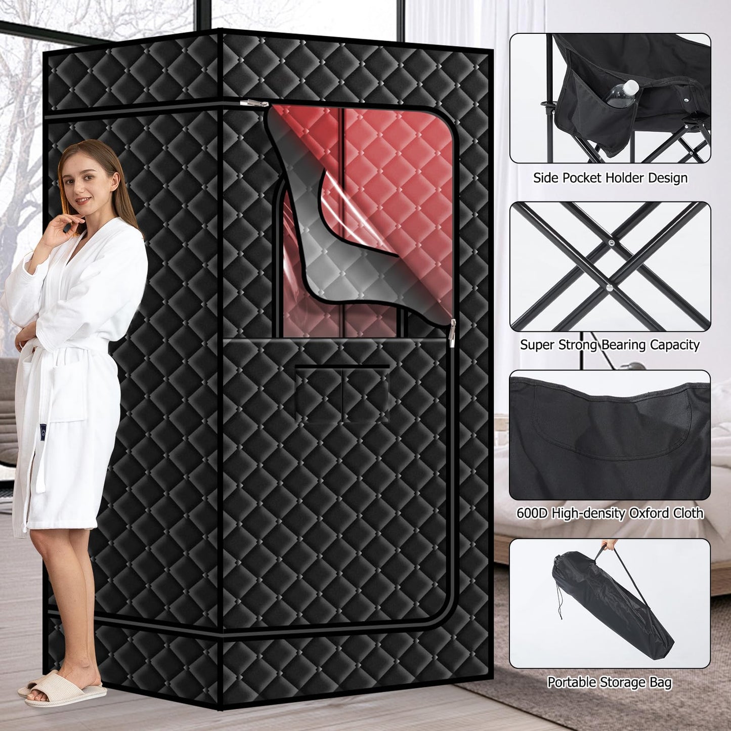 amocane Portable Dry Wind Sauna with 660nm red Light Lamp, Personal Hot Air Sauna Spa for Home, Full Body Infrared Black Saunas Tent with Large Chair, 99 Mins time, 165℉