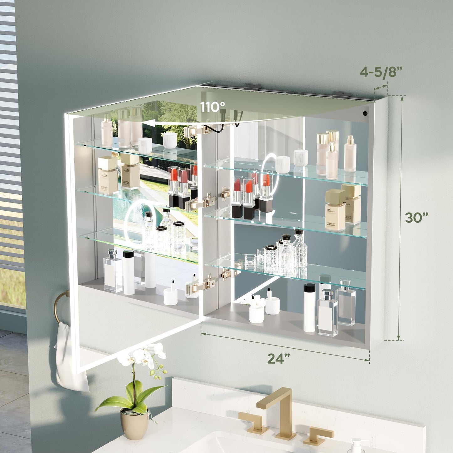 WELLFOR 24" X 30" Medicine Cabinet With Lights, 3X Magnification, Anti-Fog Mirrored Cabinet, Bathroom Vanity With Outlets & USB Ports, Left Opening Door