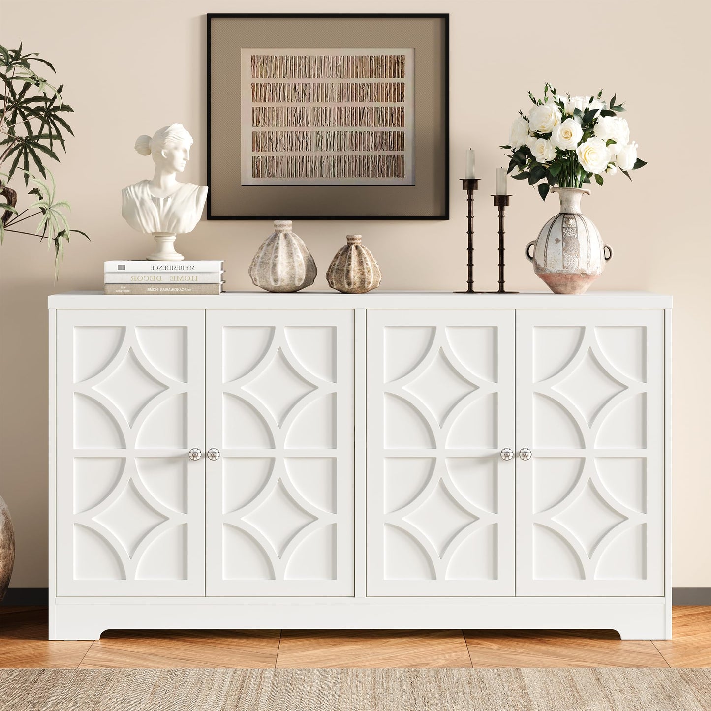 RoyalCraft Sideboard Buffet Cabinet with Storage, 56" Modern Sideboard with 4 Carved Doors, Large Wood Coffee Bar Console Table for Kitchen, Dining Room, Entryway, Living Room, Satin White