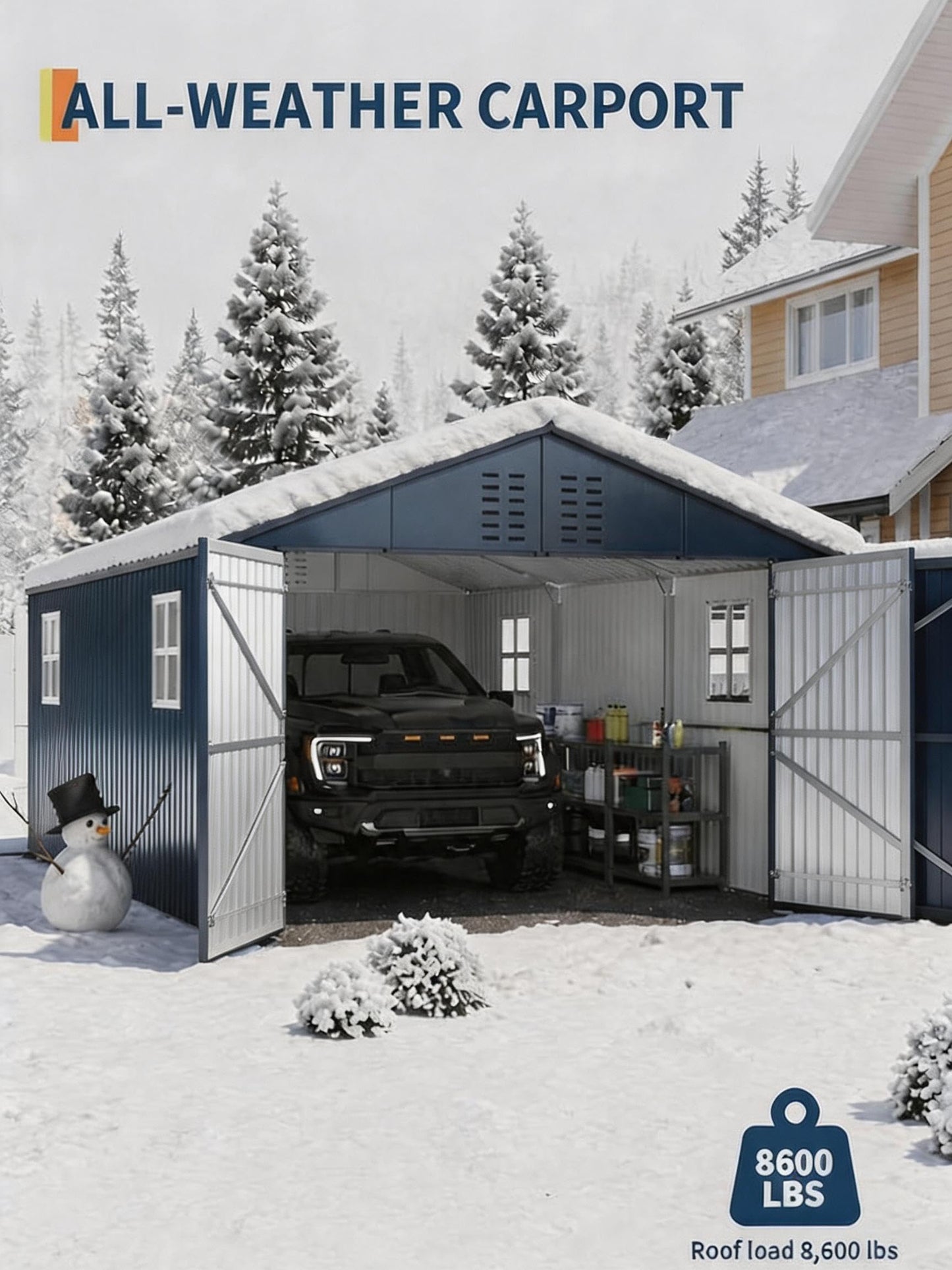 12x20 FT Metal Garage Shed, Outdoor Extra Large Storage Shed with Double Hinged Doors, 4 Windows, Heavy Duty Carport for Cars, Boats, Trucks and Equipment Storage, Black-Blue