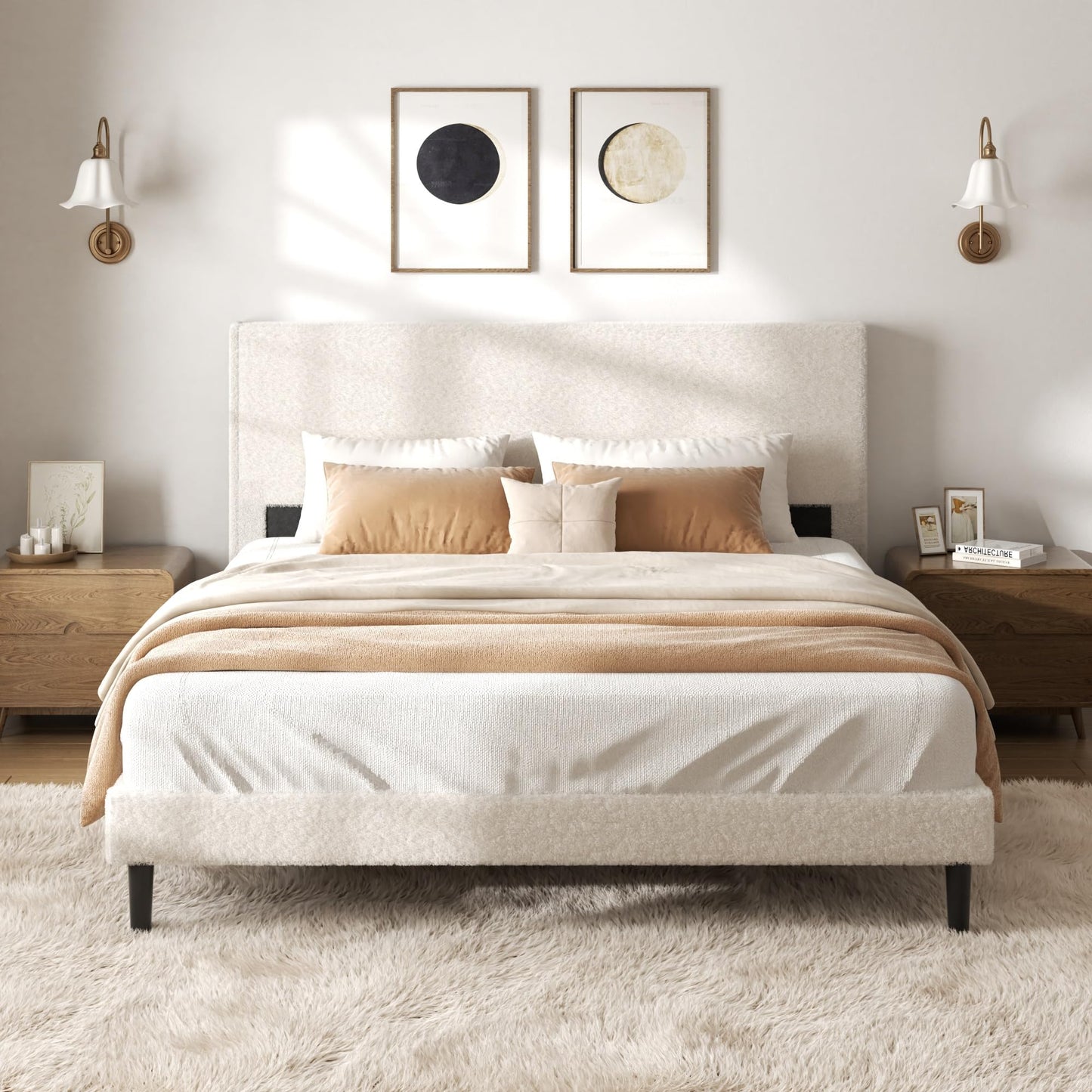 viplov Queen Bed Frame,Teddy Velvet Modern Platform Bed Frame with Upholstered Headboard, Mattress Foundation, No Box Spring Required, Beige