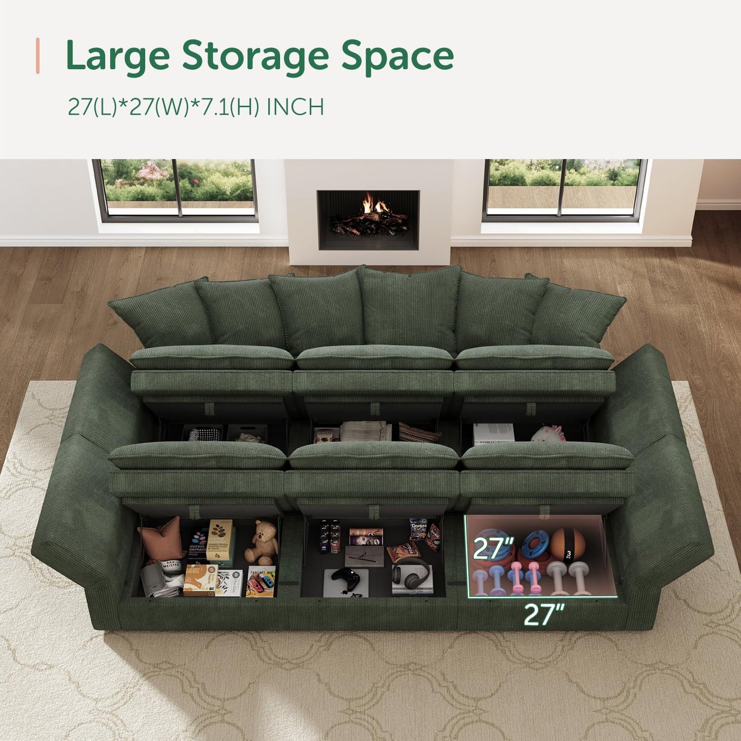 HONBAY Modular Sectional Sleeper Sofa, Corduroy 6 Seater Couch with Storage, Sectional Sleeper Couches for Living Room, Green