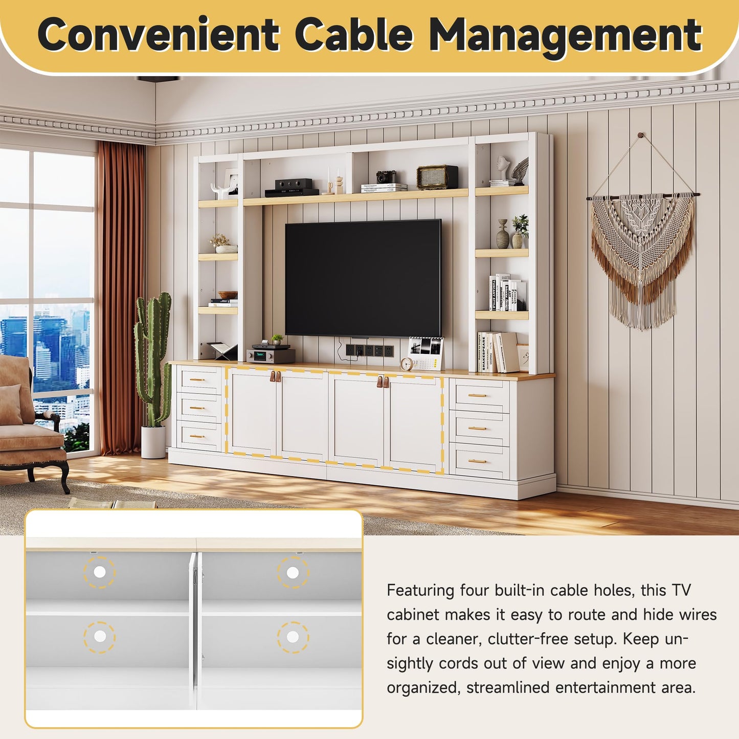 Merax 102.3 Inch Wide Farmhouse Entertainment Center, Rustic TV Stand with 6 Drawers & Adjustable Shelves, Large Media Console for TVs up to 75", Modern Bookshelves Wall Unit, White