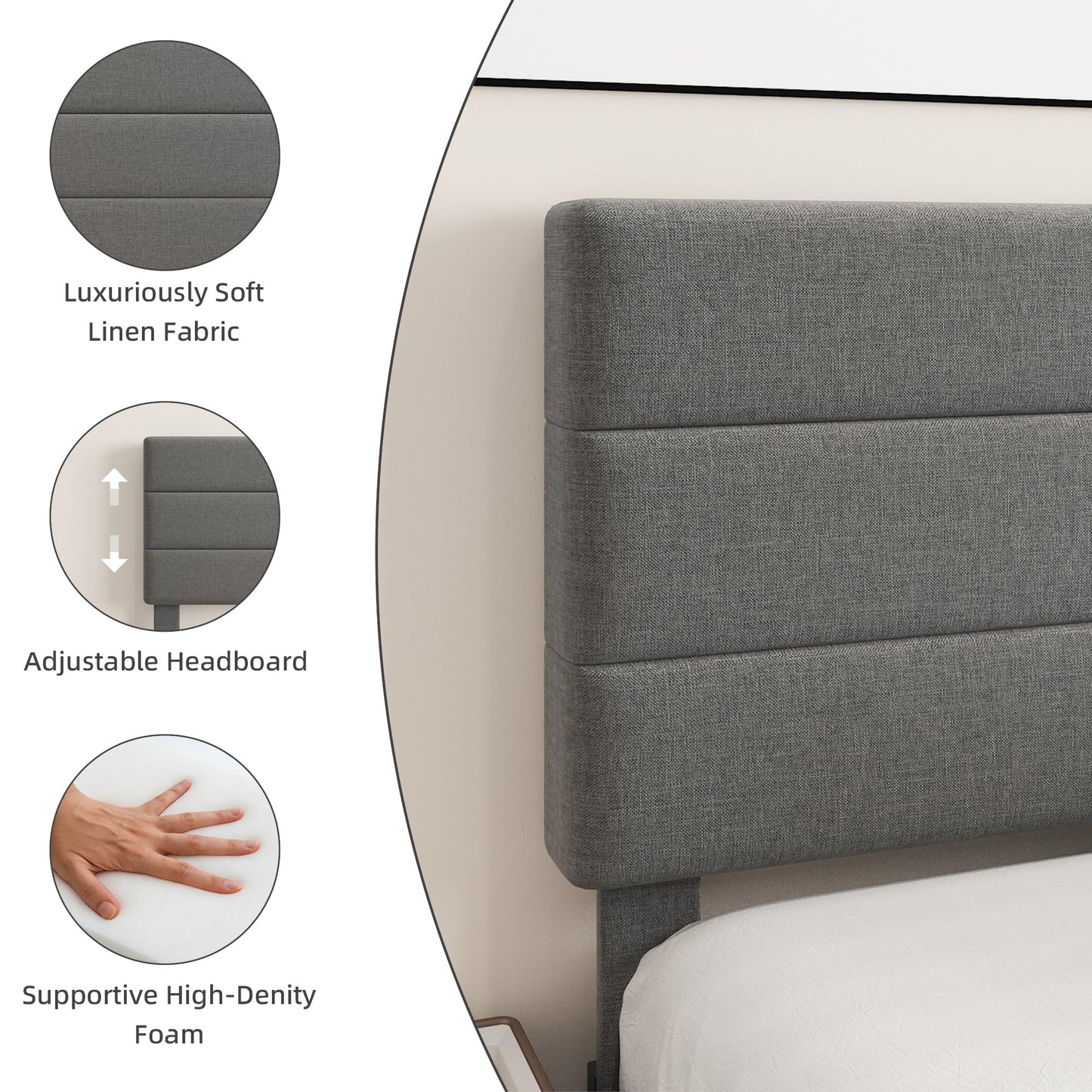 Mxhtcewz Queen Platform Bed Frame with Adjustable Linen Fabric Upholstered Headboard, Strong Slats Support, Noise-Free, No Box Spring Required, Easy Assembly for Bedroom Guest Room, Grey