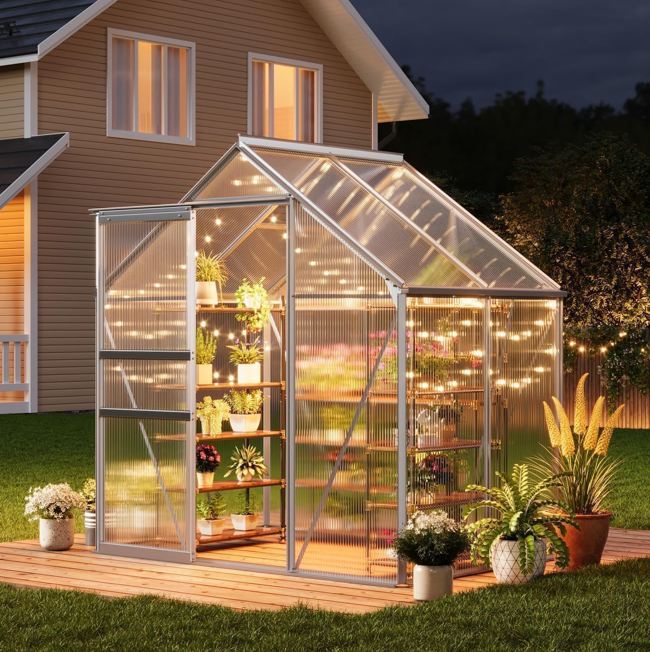 6x4 ft Greenhouse, Walk in Polycarbonate Greenhouses for Outdoors with Roof Vent&Sliding Door, Heavy Duty Green House with Aluminum Frame for Outside Garden Backyard, Patio, Lawn, Silver
