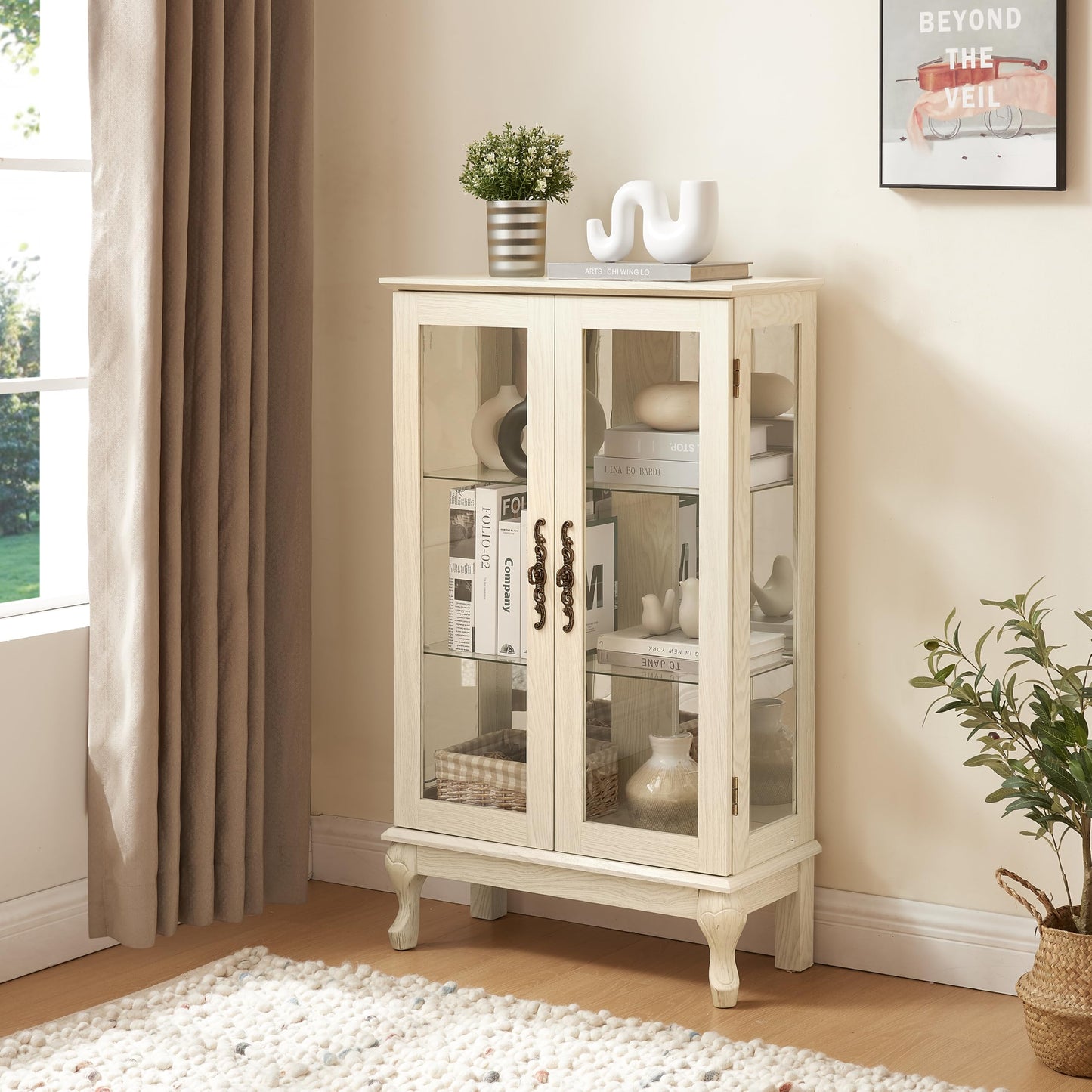 KEIKI 44" Glass Display Cabinet with Mirrored Back Panel & Adjustable Shelves, for Collectibles, Storage Curio Cabinet with 2 Door, 3-Tier Showcase Display Case, Easy Assembly, for Living Room, White