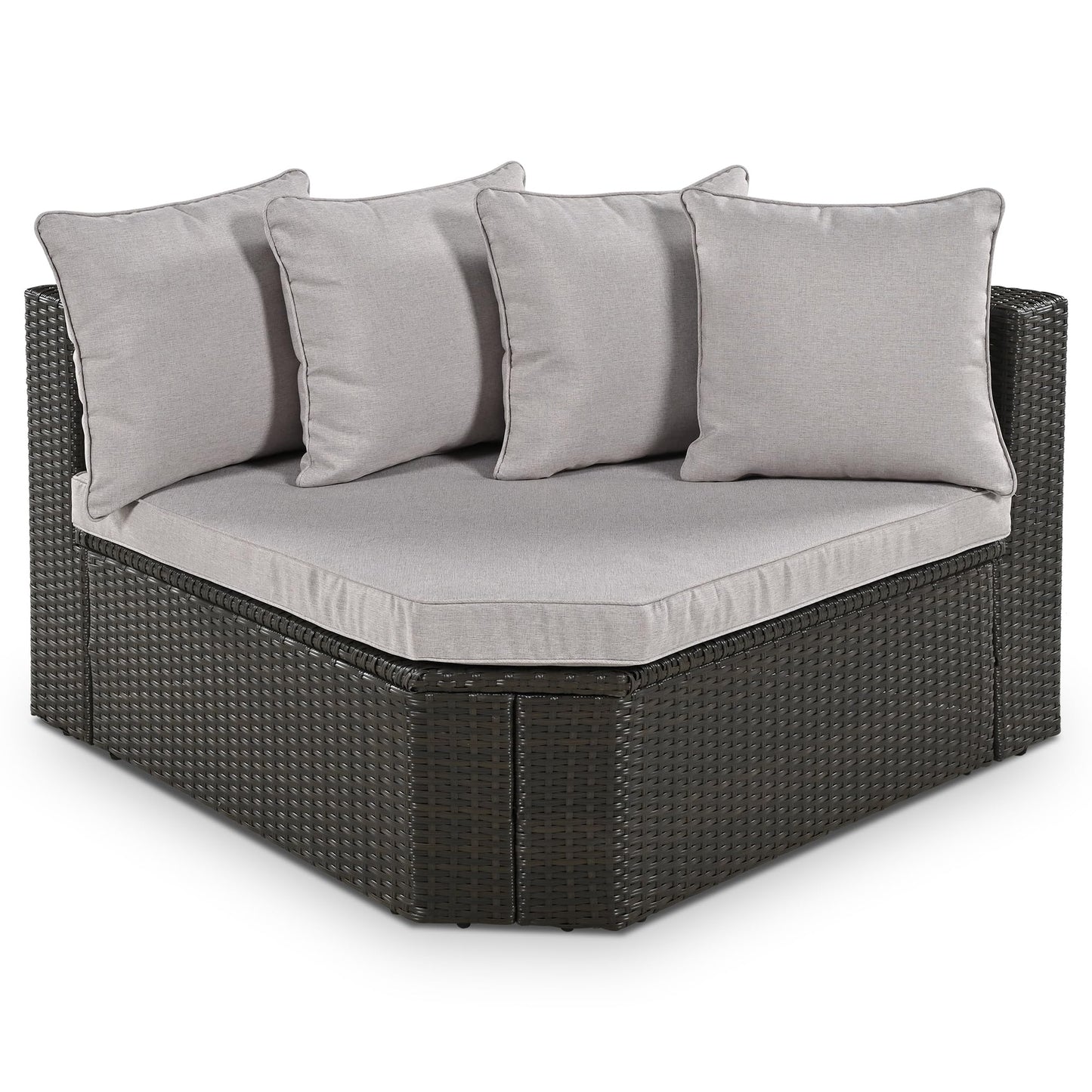 Merax 7-Piece Outdoor Wicker Sectional Sofa Set,Modular Rattan Conversation Set with Gray Cushions,Striped Green Pillows & Tempered Glass Coffee Table for Patio,Garden,Deck,Brown