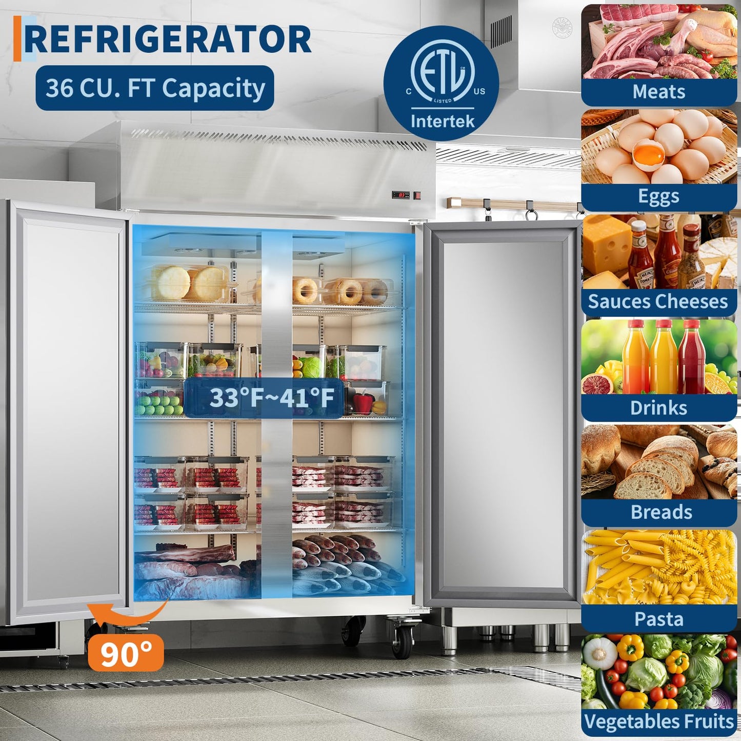 48" Commercial Refrigerator, 36 Cu. Ft 2-Door Reach-in Fridge, Stainless Steel Upright Cooler with 6 Adjustable Shelves, Auto Defrost, Digital Control & Locking Wheels for Restaurant, Cafe & Kitchen