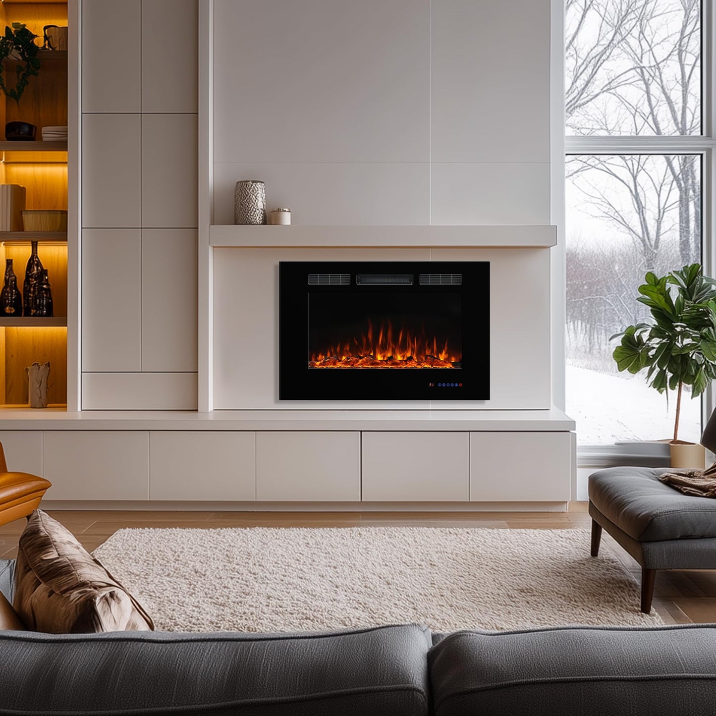 Dreamflame Electric Fireplace 40 inch Wide 26.5" High, Wall-Mounted & Recessed Fireplace Inserts, Multicolor Flame w/5 Dimmer, Remote Control Thermostat, Timer, Hardwire Connect, 1500W,Black