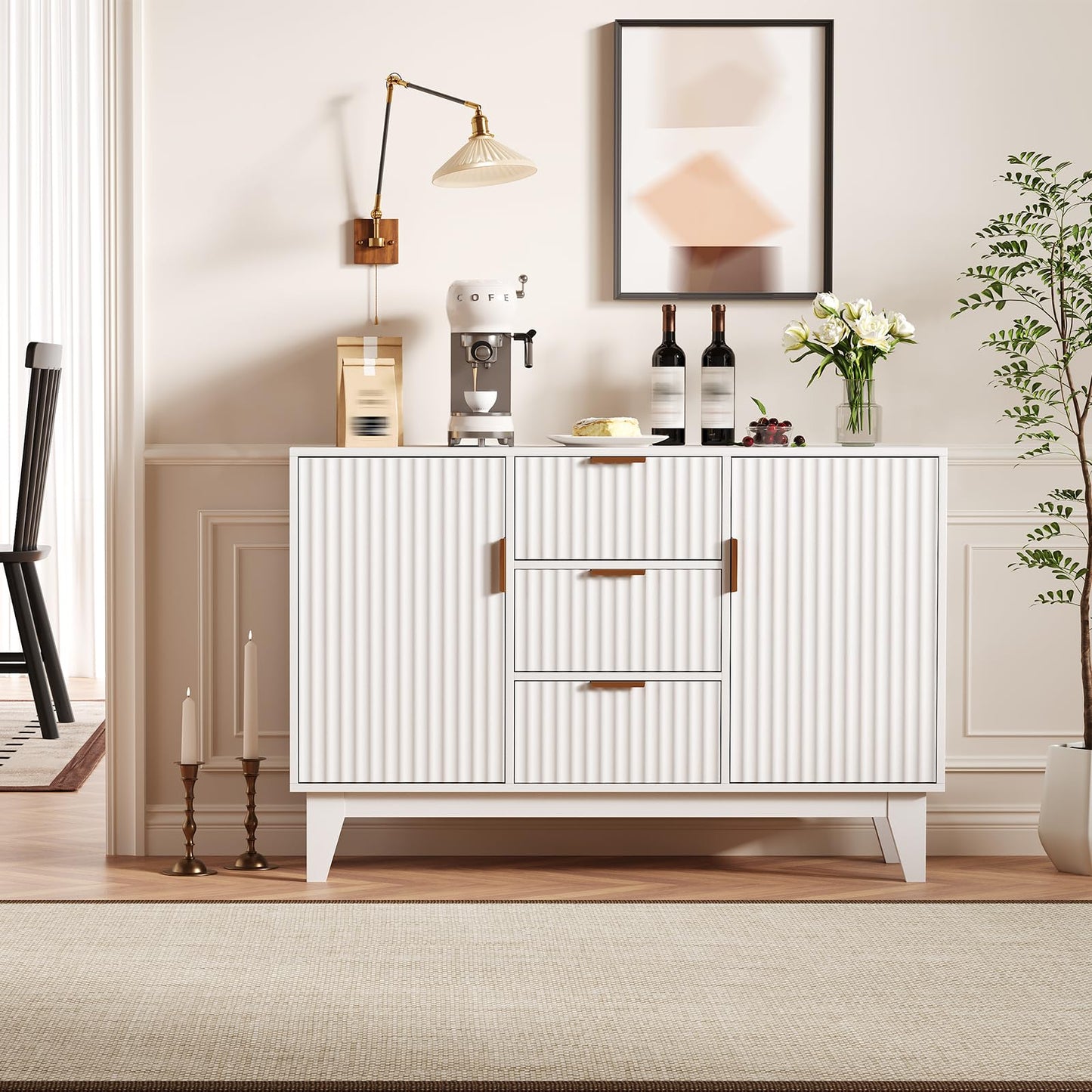 47.2" Fluted Buffet Cabinet, Mid-Century Sideboard with 2 Waveform Doors, Gold Handles, 3 Drawers & Adjustable Shelves, Coffee Bar TV Stand for Living Room Kitchen- White