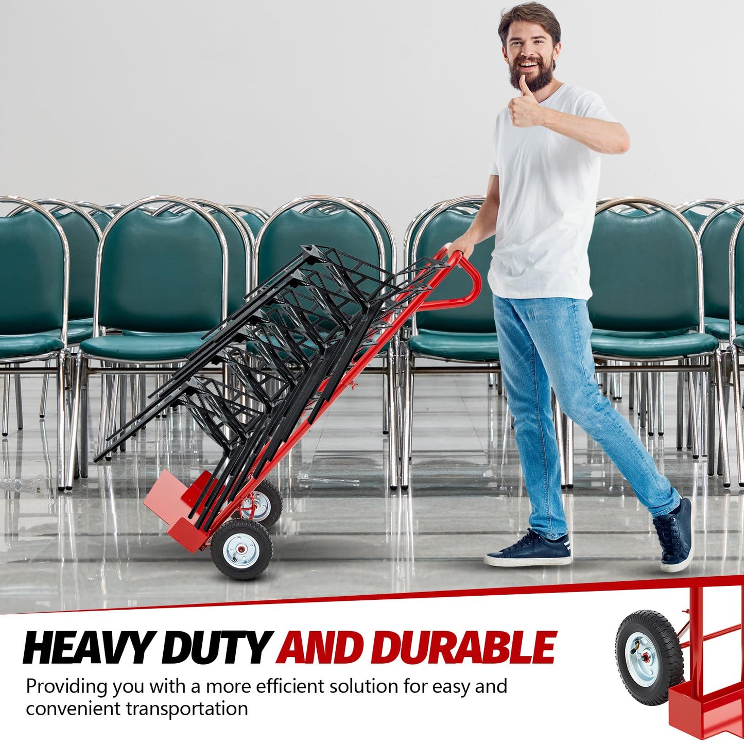 Datanly 52'' x 22'' x 18'' Heavy Duty Stack Chair Dolly Banquet Chair Dolly Cart Holds 7 Chairs Oversized Rubber Wheels for Easy to Load and Unload for Party Event Rental Furniture(Red)