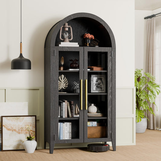 Trygoal Arched Display Cabinet with Tempered Glass Doors Heavy Duty 5 Tier Curio Cabinet with Adjustable Shelves Modern Arched Bookshelf Free Standing Bookcase Pantry for Living Room Kitchen Black