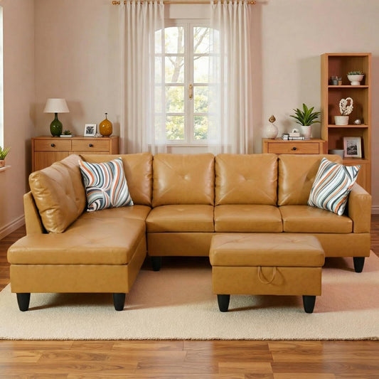 Trygoal 3-Piece L-Shaped Modular Leather Sofa – Convertible Sectional Couch with Movable Chaise & Storage Ottoman, Multi-Scene Use for Living Room, Apartment & Office, Ginger Yellow