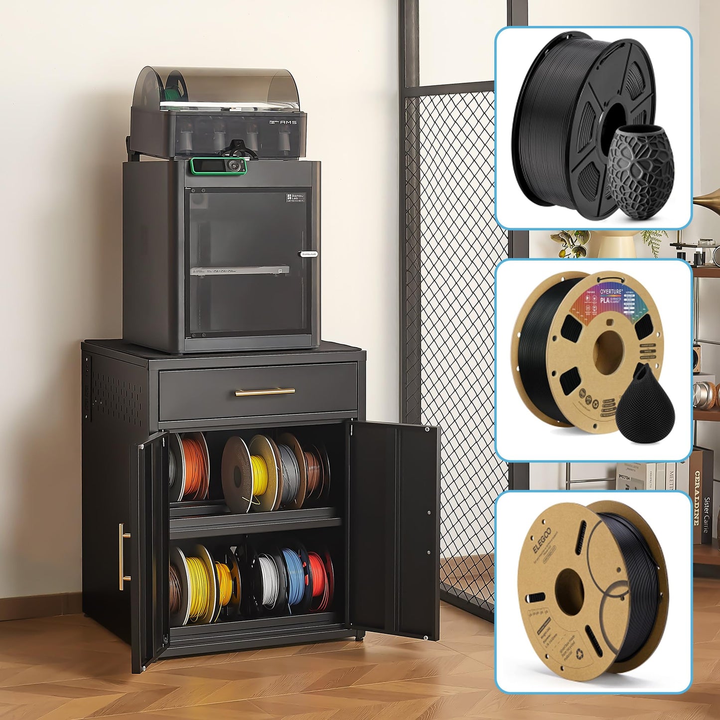 LEYNOT Metal 3D Printer Table, with Filament Storage, Silent Desk Pad, Charging Station & Drawers - Dustproof, Heavy-Duty for Home Office and Studio (Double Door Style - Black)