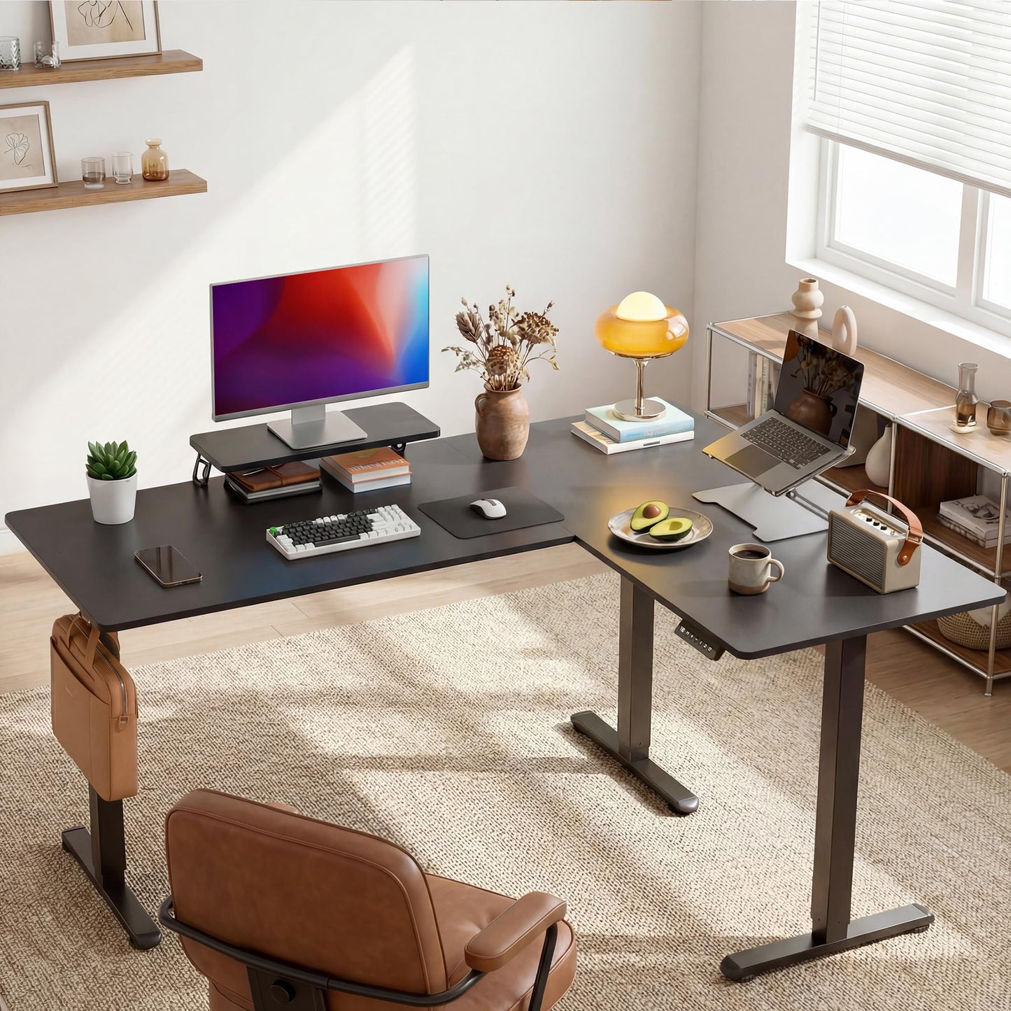 Shahoo L Shaped Electric Standing Desk, 63"x47.2" Corner Height Adjustable Sit Stand Desk with Monitor Riser, Ergonomic Stand Up Desk, 154 LBS Load Capacity Quiet Motor Home Office Computer Desk