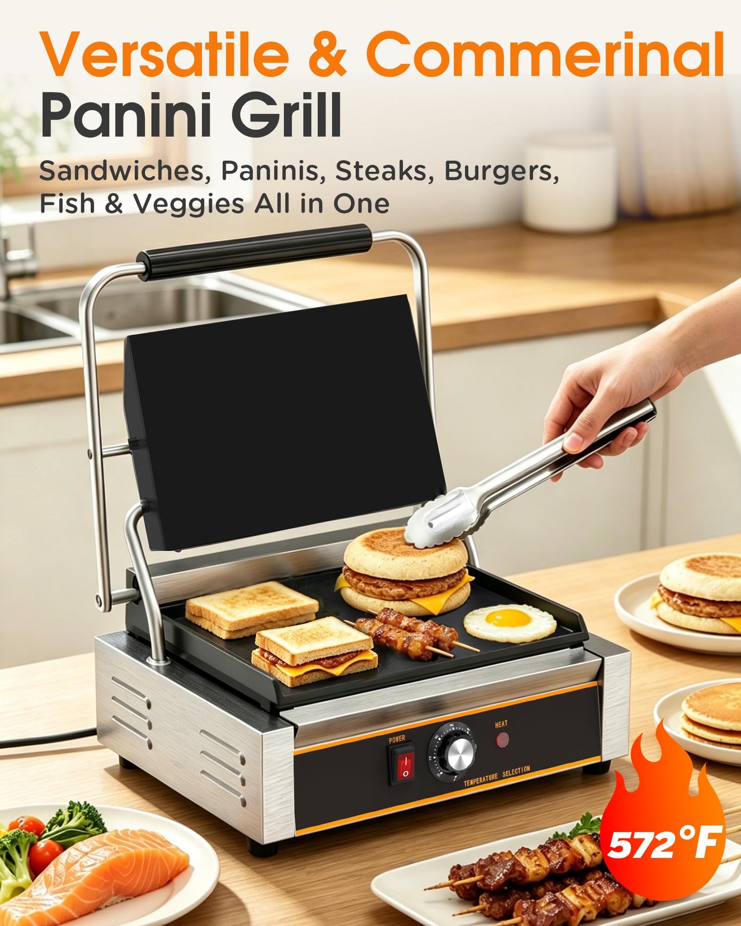 Popfoodex Commercial Panini Press - 2200W Electric Panini Sandwich Grill w/Nonstick Coating & Adjustable Temp, Stainless Steel, Panini Grill Press w/14"x9" Cooking Pan (Full Flat),Double-sided Heating