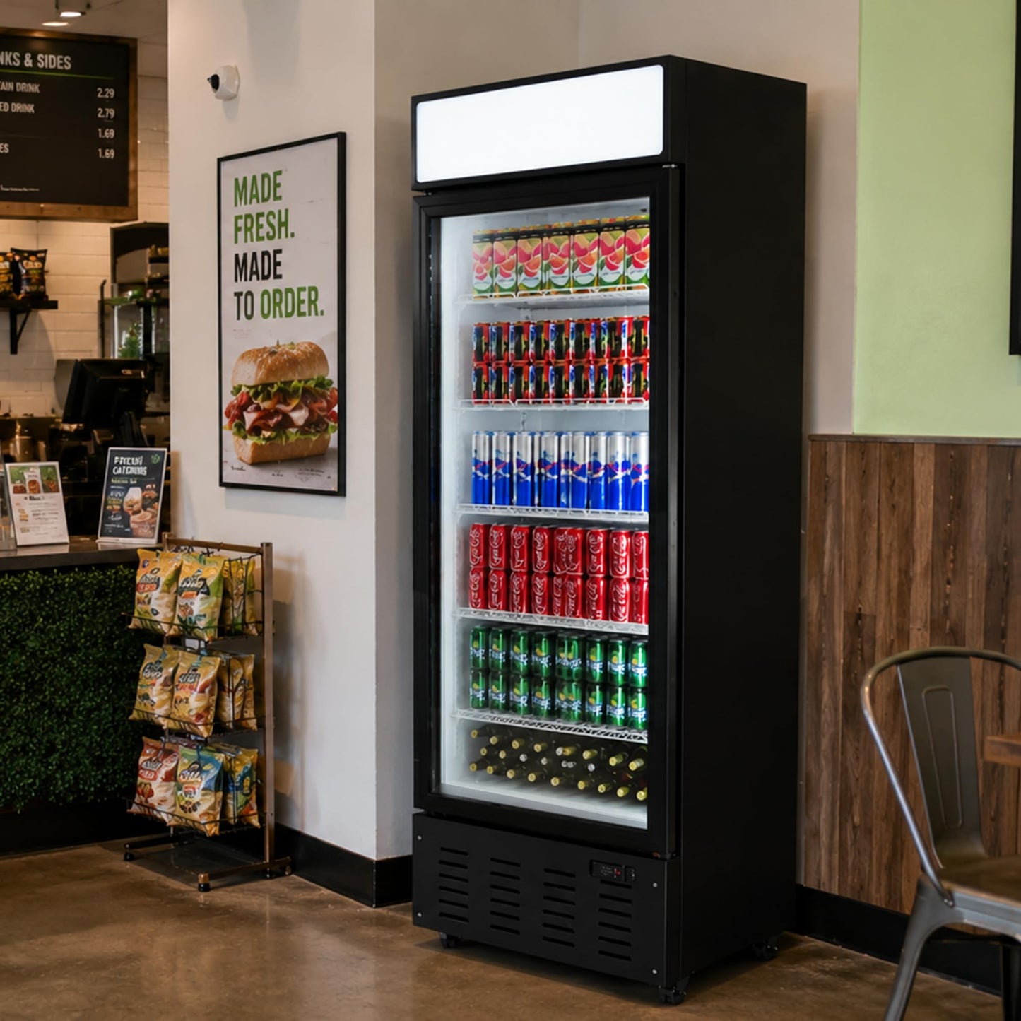 Frostvale 15 Cu.Ft Commercial Display Refrigerator, Black Single Glass Door Beverage Cooler with Lighted Header, ETL Upright Merchandiser Fridge for Drinks, Soda, Beer, Cafe, Store, Bar