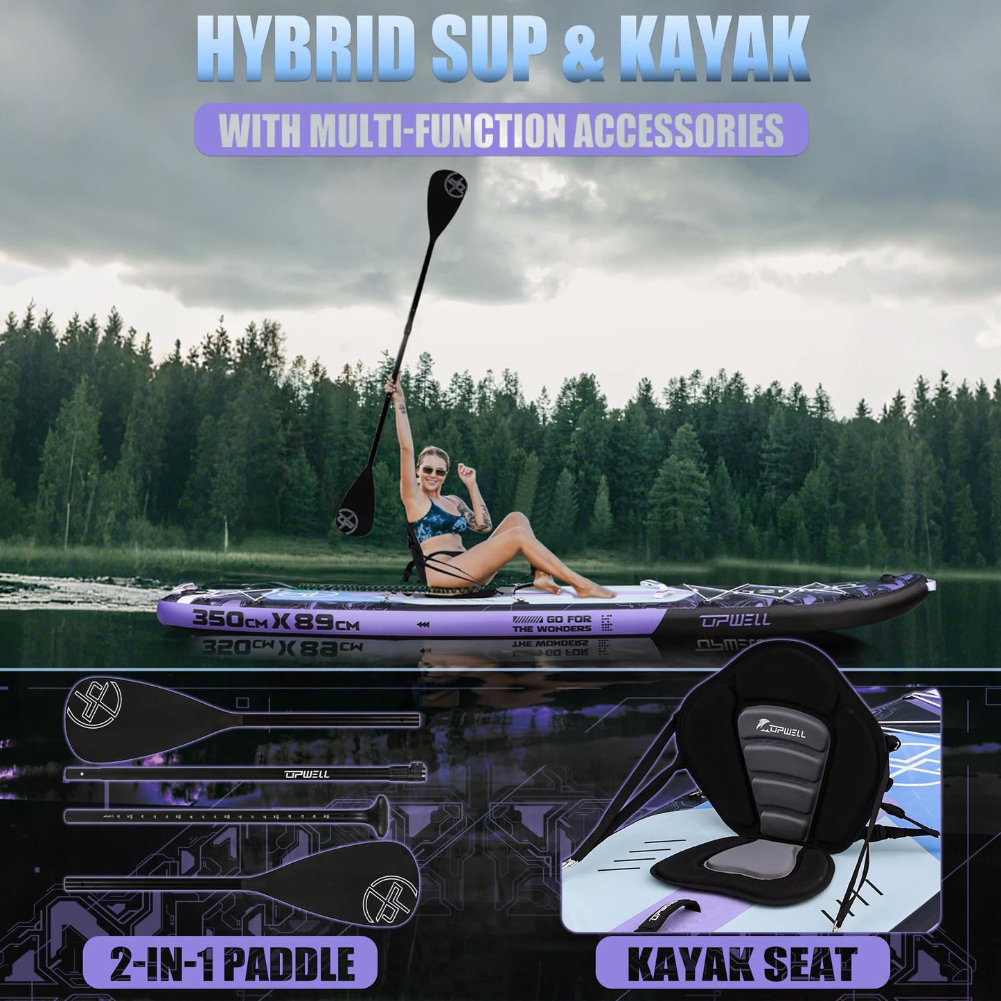 UPWELL 11'6"×35" Extra Wide Inflatable Paddle Board, Stand Up Paddle Board with Kayak Seat, Sup Paddle Boards for Adults, Mech Purple