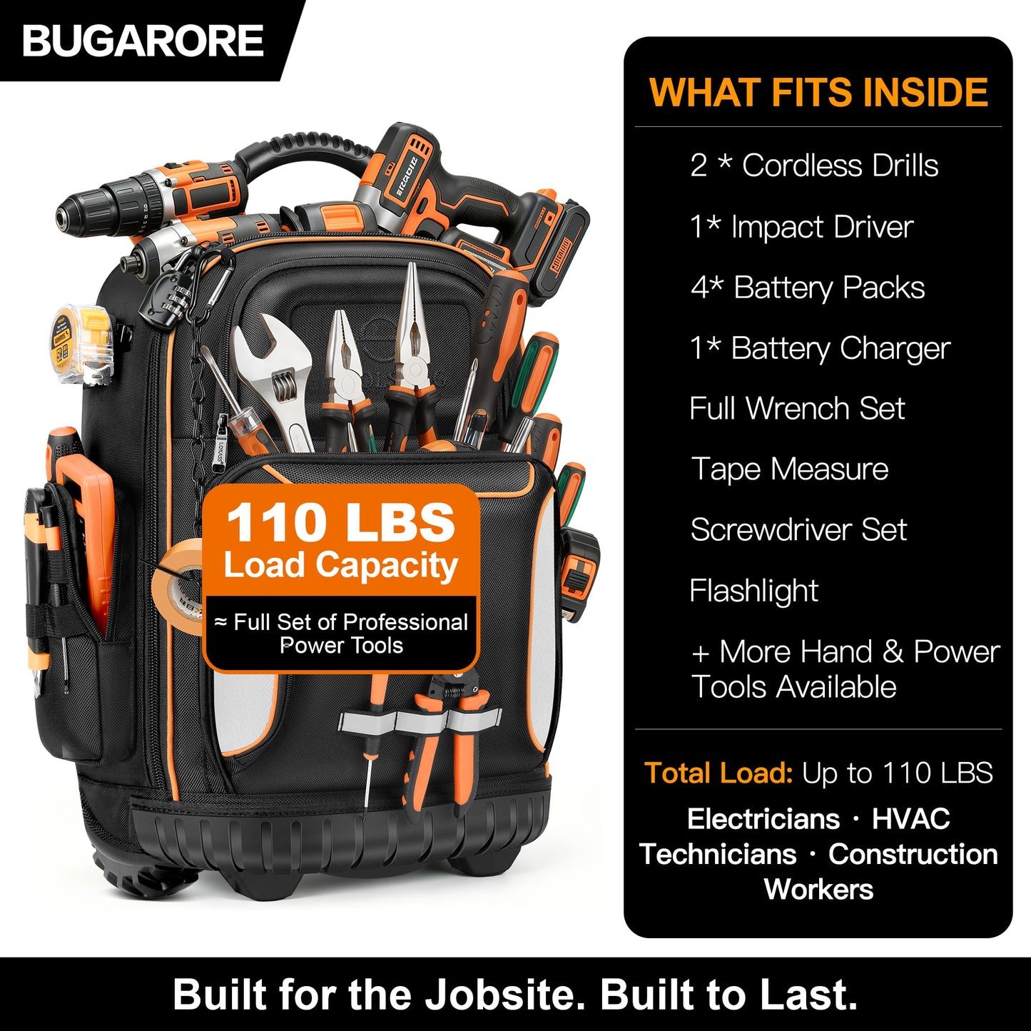 BUGARORE 16" Rolling Tool Backpack with Wheels, 75 Pockets Electrician Tool Bag for Construction HVAC, 1680D Waterproof, Molded Base & Combination Lock