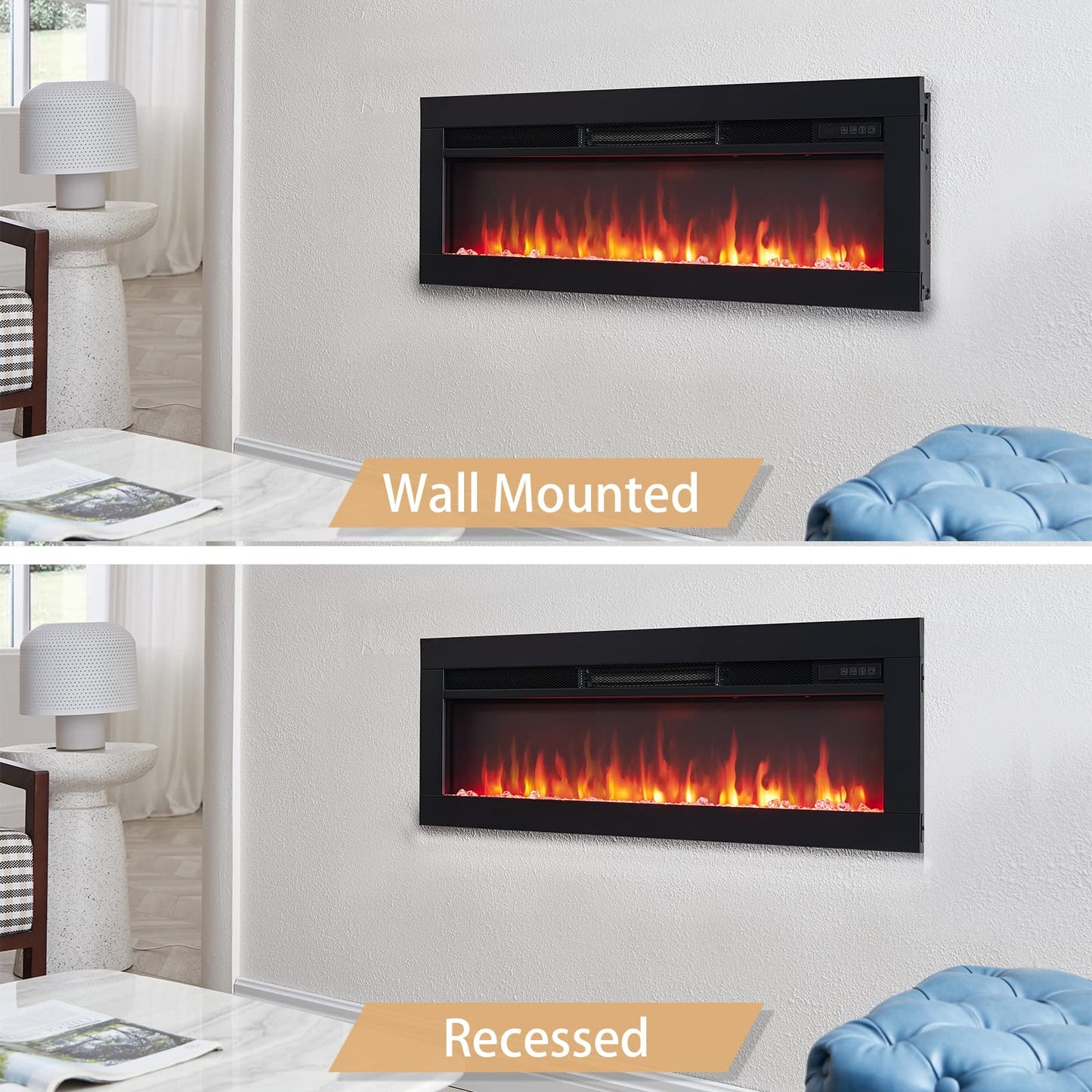Efiretric® Arthur 36" W 3 in 1 Electric Fireplace (EF456), Freestanding, Wall Mounted, Recessed, 9 Colors Flame Effect, TV Media Wall, Heater 750W/1500W, Remote Control