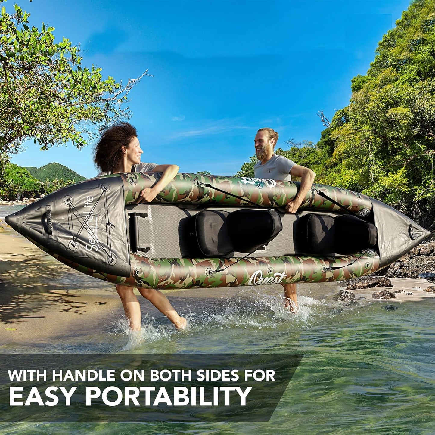 SereneLife Inflatable 2-Person Kayak – Durable PVC Kayak for Fishing with Aluminum Paddles, High-Output Pump, Repair Kit & Bag, Lightweight, Portable Design for Lakes & Rivers, (Camouflage)