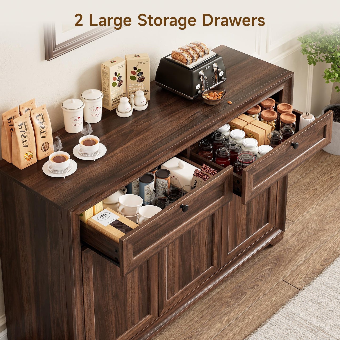 48 Inches Buffet Cabinet with Storage, Farmhouse Sideboard Buffet w/2 Drawers and 3 Doors, Wood Coffee Bar Cabinet with Adjustable Shelves, Kitchen Storage Cabinet for Dining Room/Living Room, Brown