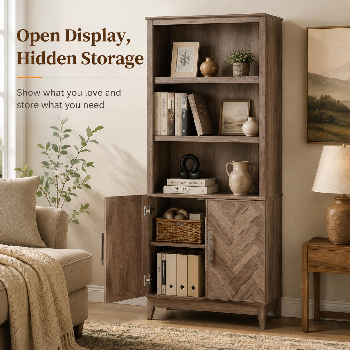 Lab Cosi 71.9" Tall Bookcase with Doors, Wood Bookshelf with Adjustable Shelves, Storage Bookcase Cabinet for Living Room, Bedroom, Home Office