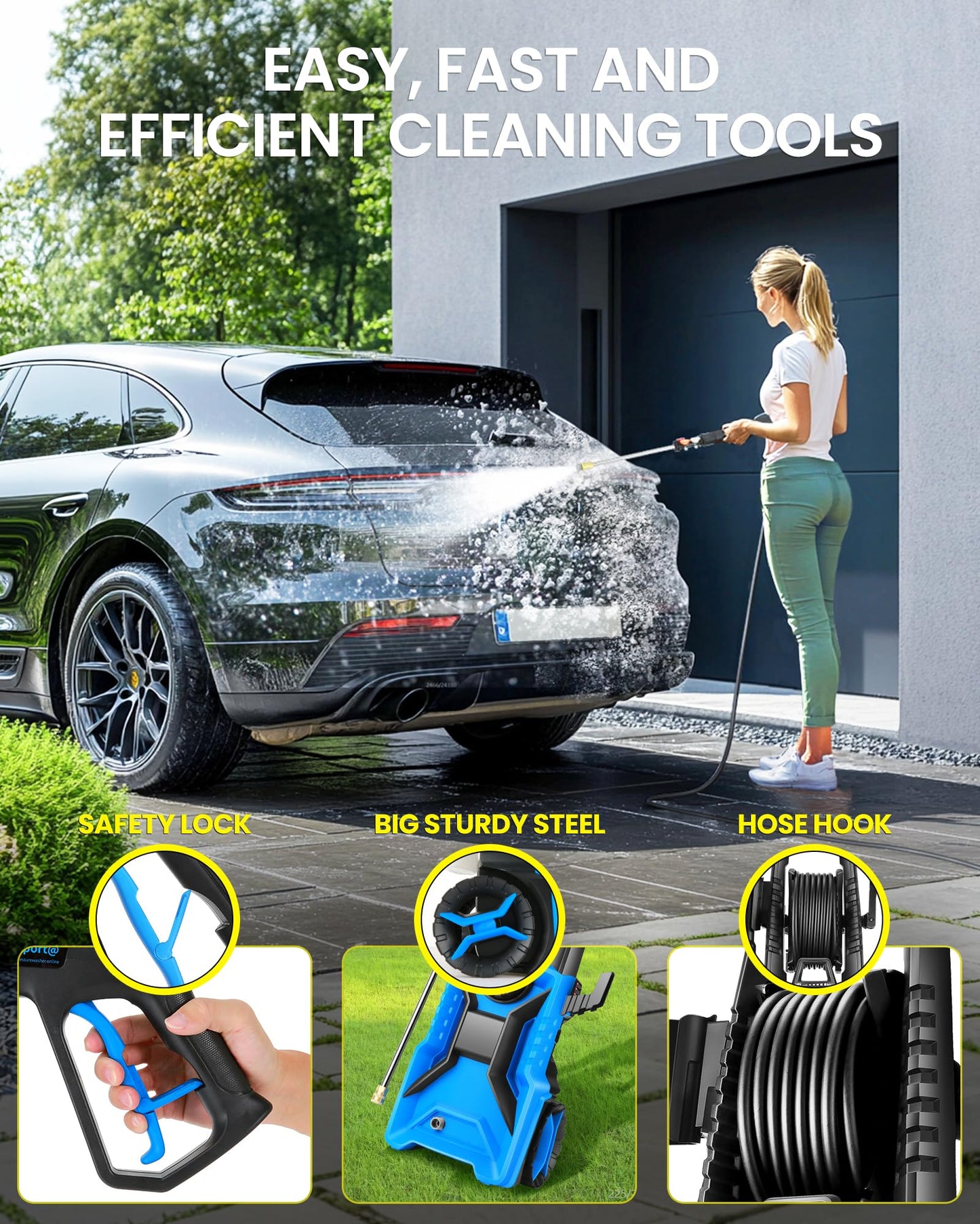 5000PSI Pressure Washer High Power Washer with 33ft Pressure Hose, 4 Nozzle and 500ml Soap Bottle for Cars/Fences/Driveways/Patios/Home Cleaning (Blue)