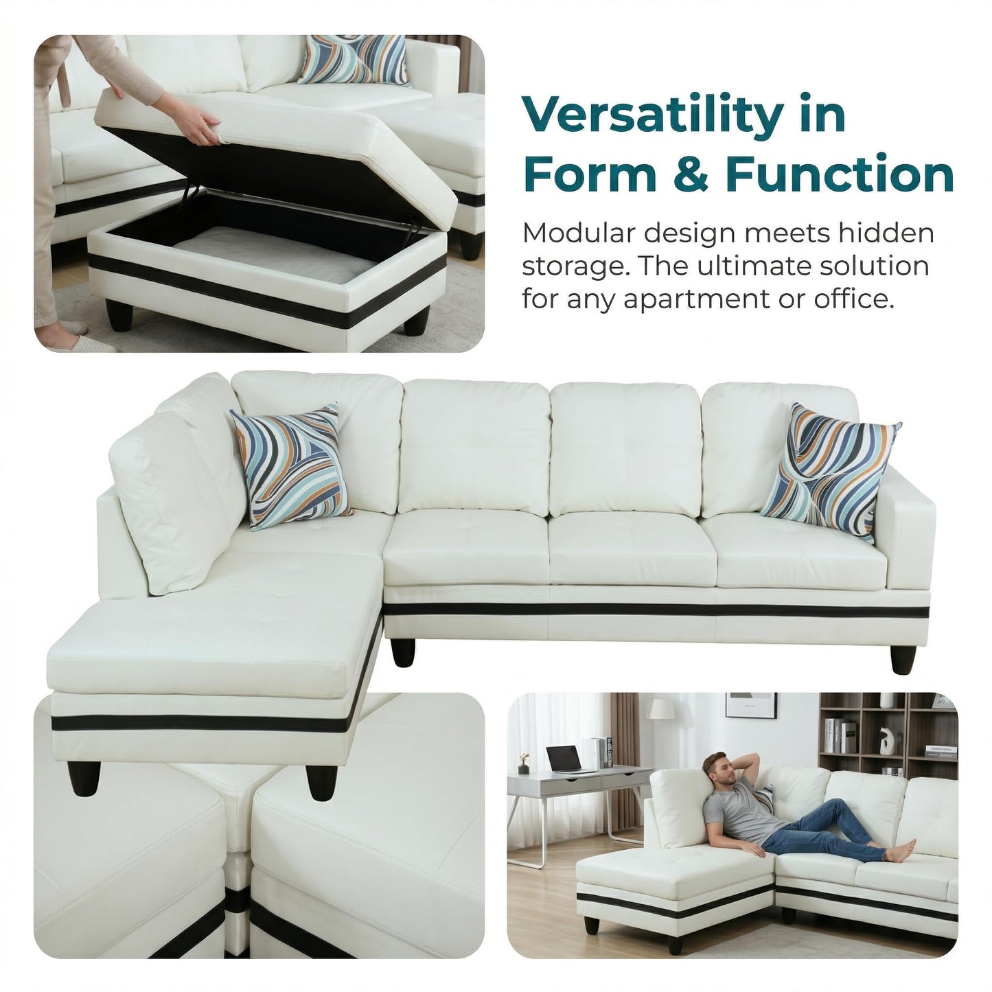 NicBex Sectional Couch 3 Pieces Sofa Set, L-Shaped Modular Couches for Living Room, Furniture Sets with Lounge Chaise & Storage Ottoman, Multi-Scene Use for Apartment & Office, White+Black